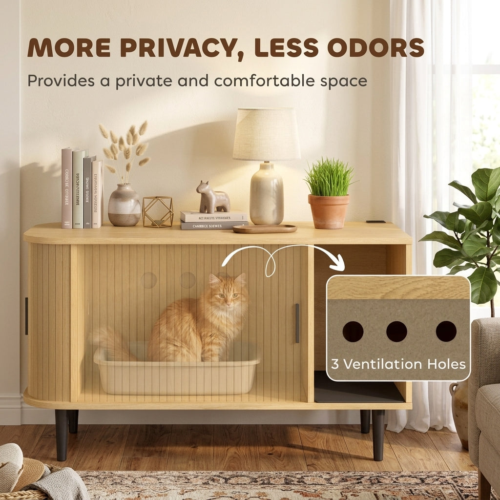 Cat Litter Box Enclosure with Sliding Door, Litter Mat, Modern Cat House, TV Stand, Side End Table for Living Room