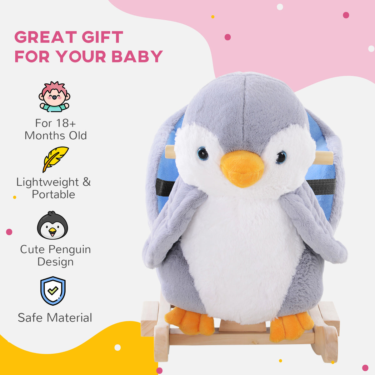 Baby Rocking Horse Gray Penguin, Kid Ride On Toy for 18 Months+, with Music, Seat Belt, for Boys and Girls Gift, Gray
