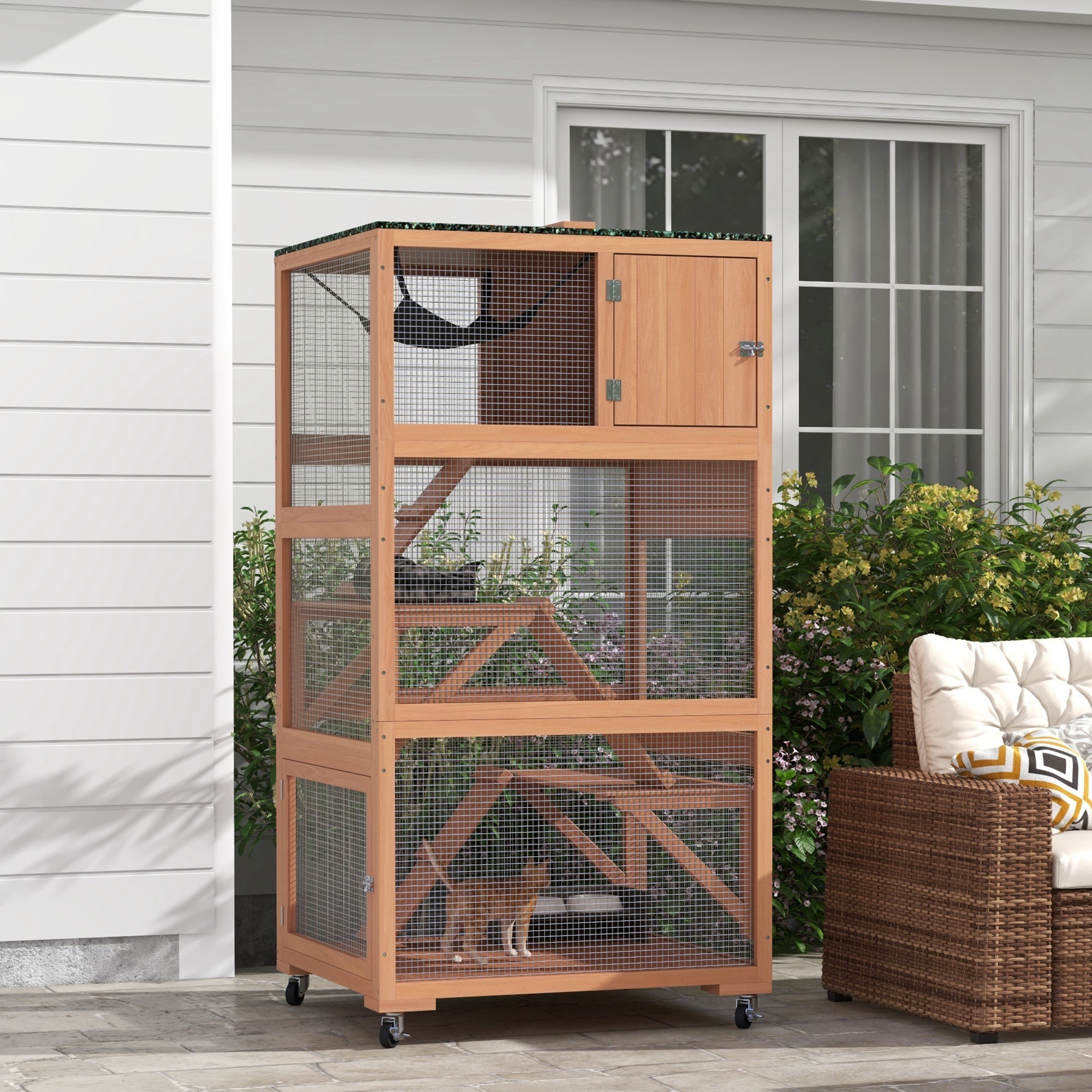 Catio, Outdoor Cat Enclosure House on Wheels with Hammock, Orange - Orange - Image 2