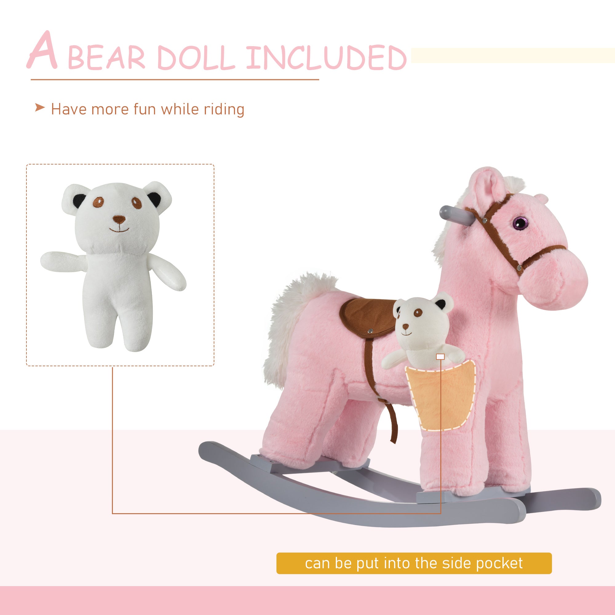 Kids Rocking Horse with Bear Toy, Plush Animal Rocker with Fun Realistic Sounds for Toddler 18-36 Months, Pink