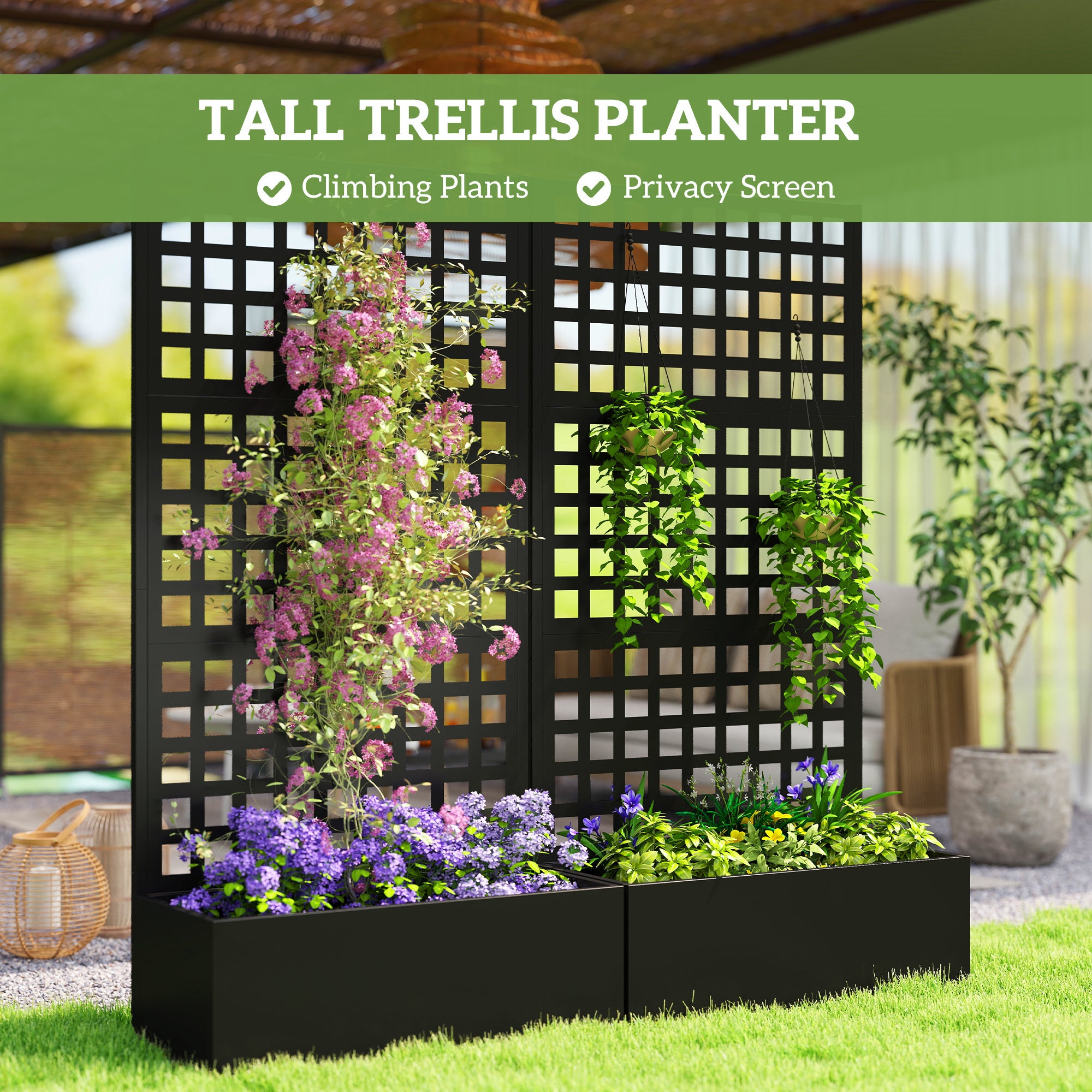 Galvanized Raised Garden Bed Planter Box with Trellis for Climbing Plants, Vegetable, Vines, 35" x 16" x 70", Black - Black - Image 5