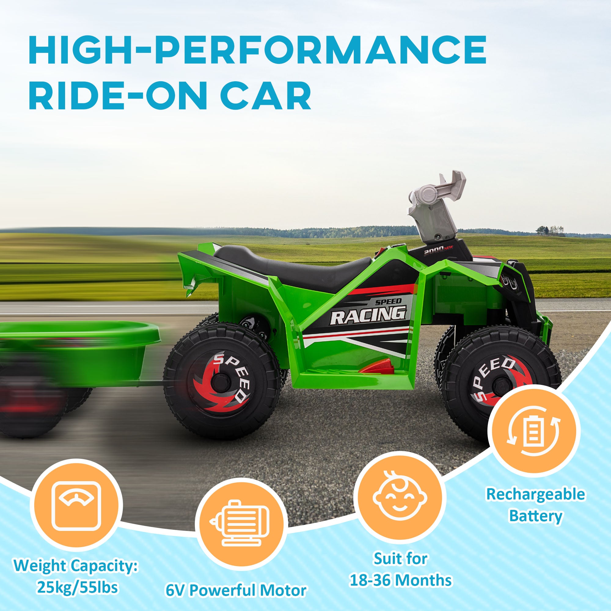 6V Electric Toy Car with Back Trailer, Forward Backward, Wear-Resistant Wheels for Ages 18-36 Months, Green