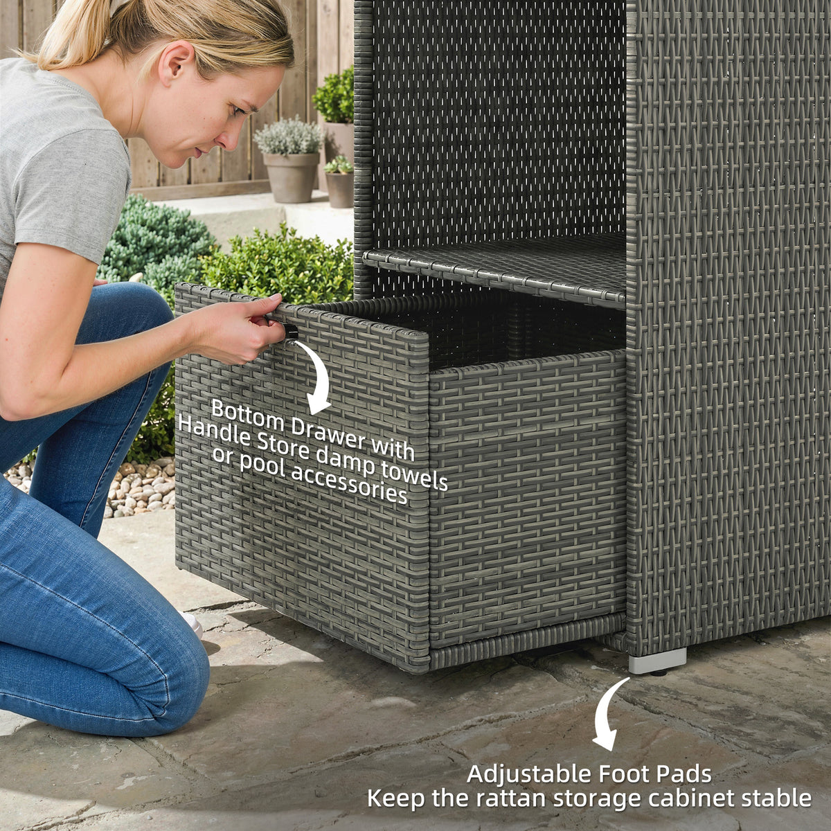 Valet Pool Towel Rack, Water-Resistant PE Plastic Rattan Wicker Storage Organizer, 2 Shelves, 1 Basket Drawer, Dark Gray