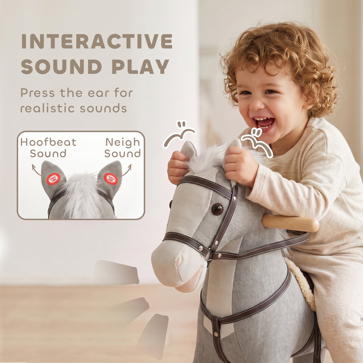 Rocking Horse, Back and Forth Rocking, Ride on Horse Toy with Sound Effects, for 12-36 Months Toddlers, Gray