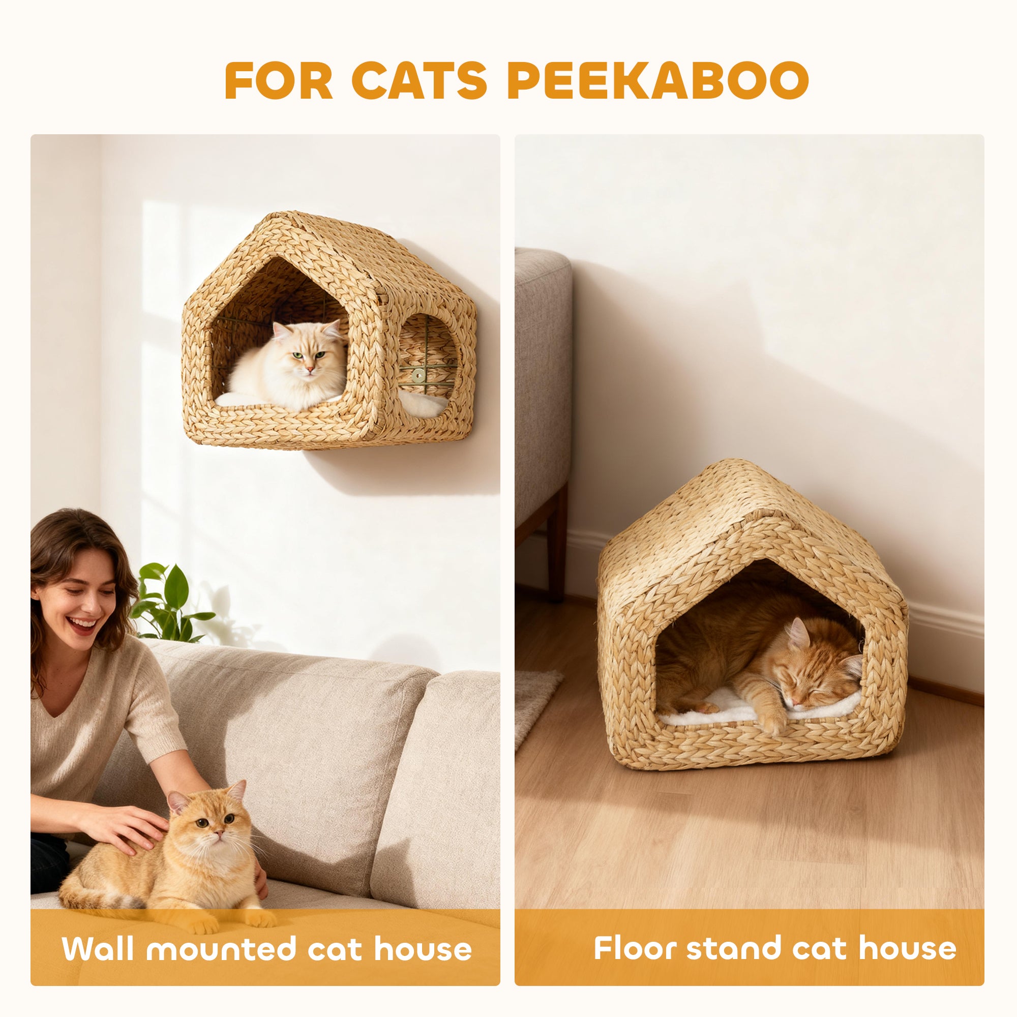 Wall Mounted Cat House, Cat Wall Furniture, Cat Wall Shelf with Washable Cushion, Natural - Natural Wood - Image 6