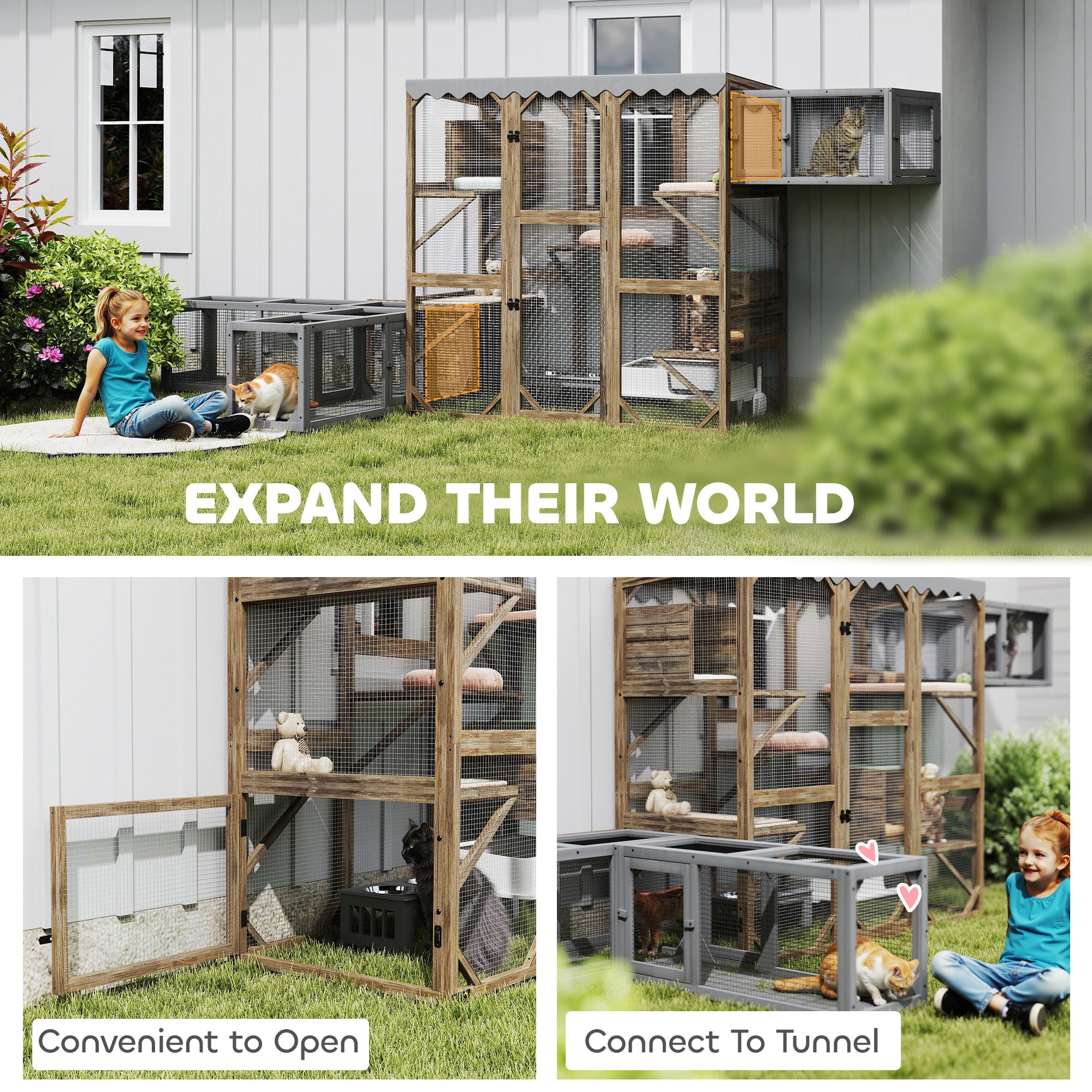Outdoor Cat Enclosure with Window Access, 5 Platforms and 2 Resting Boxes, Waterproof Roof for Multiple Cats, Brown - Brown - Image 5
