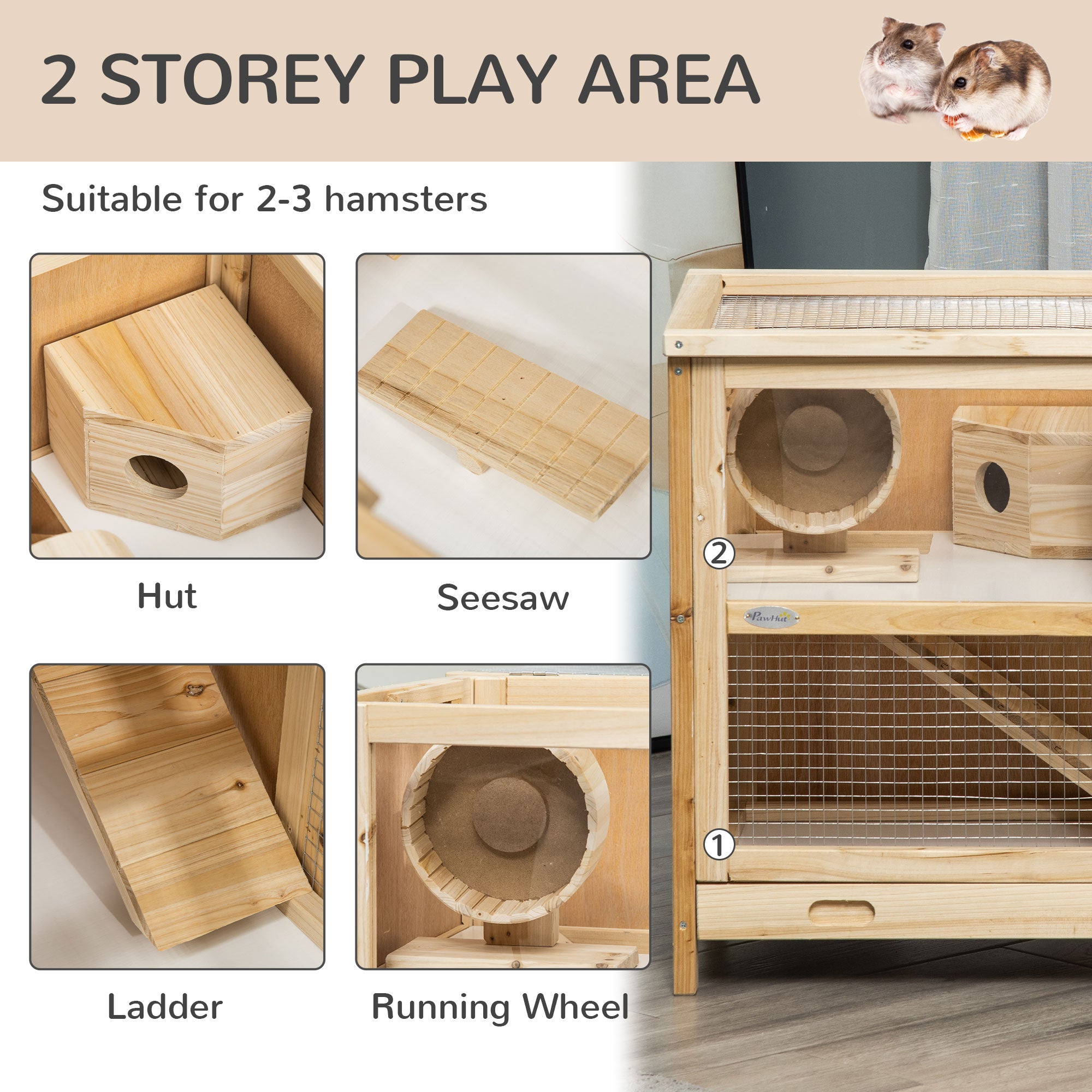 2-Tier Wooden Hamster Cage, Small Animals Hutch, w/ Seesaw, Tray - Natural Wood - Image 6