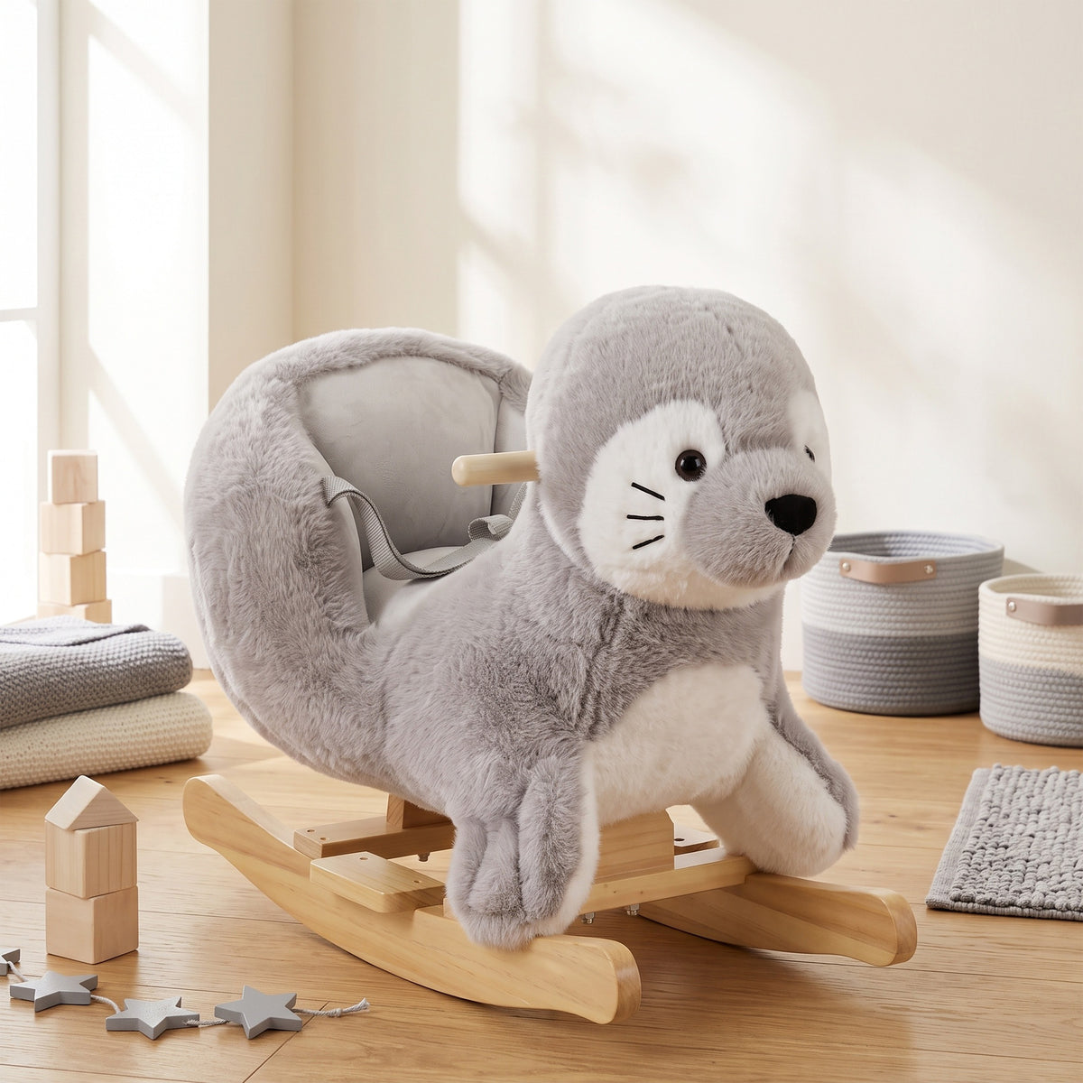 Seal Baby Rocking Horse, Kids Plush Ride-On Toy with Realistic Sounds and Safety Belt for Babies Ages 12-36 Months