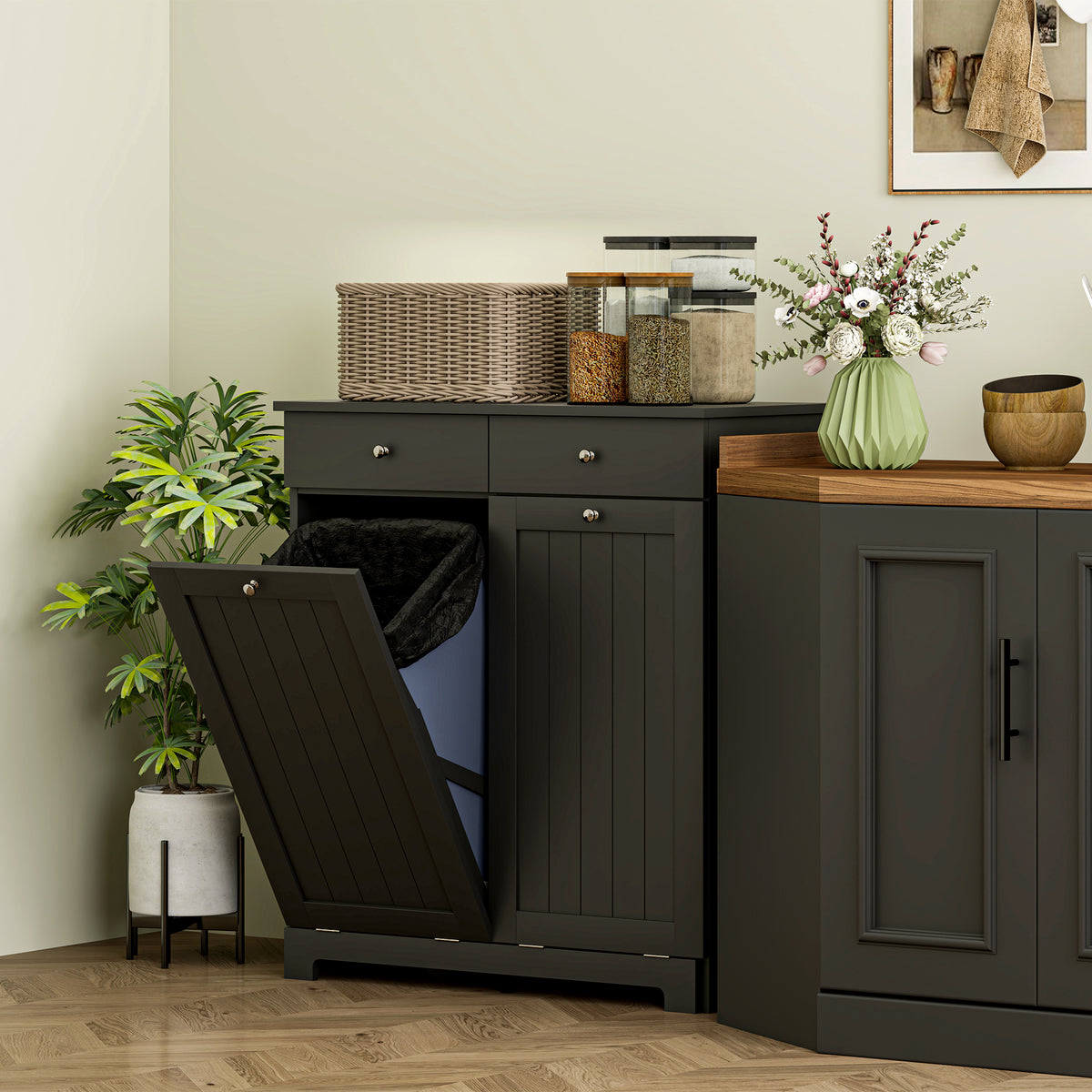 Laundry Hamper Cabinet, Laundry Cabinet with 2 Tilt Out Laundry Baskets and 2 Drawers, Black