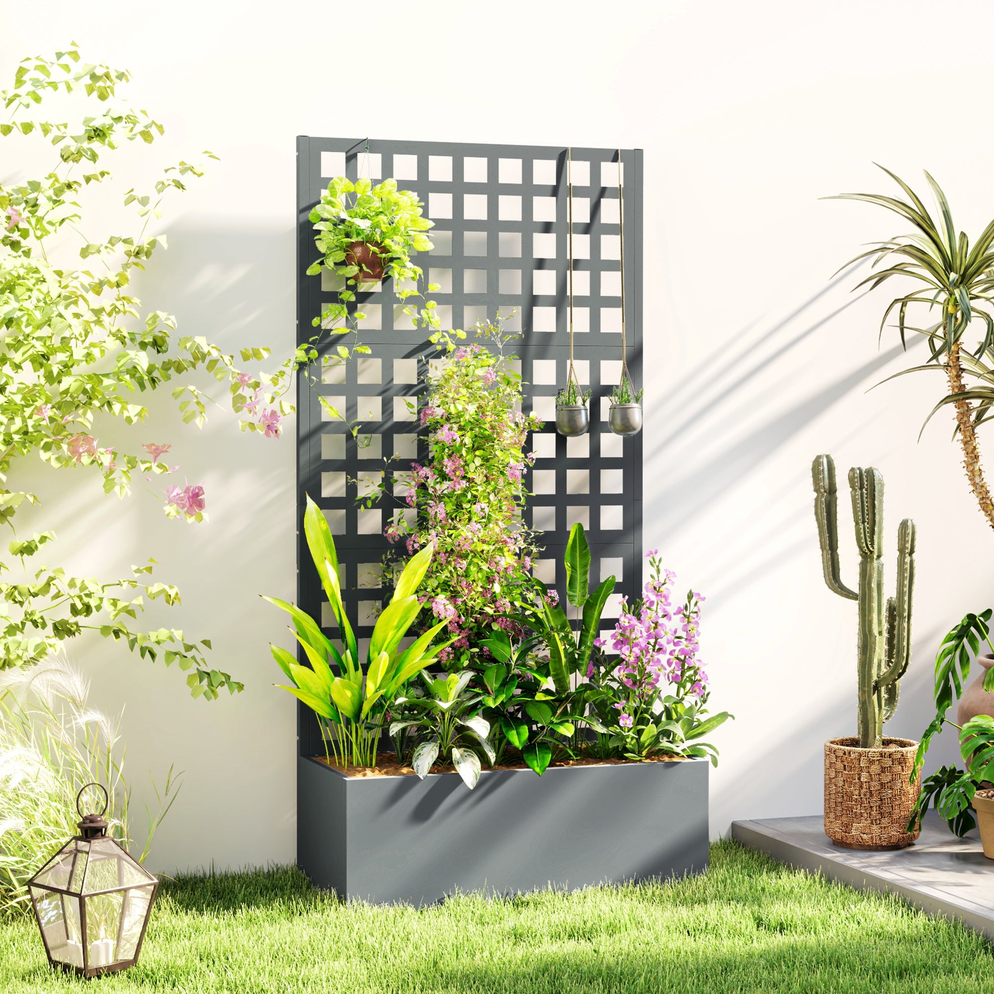 Galvanized Raised Garden Bed Planter Box with Trellis for Climbing Plants, Vegetable, Vines, 35" x 16" x 70", Gray - Gray - Image 2