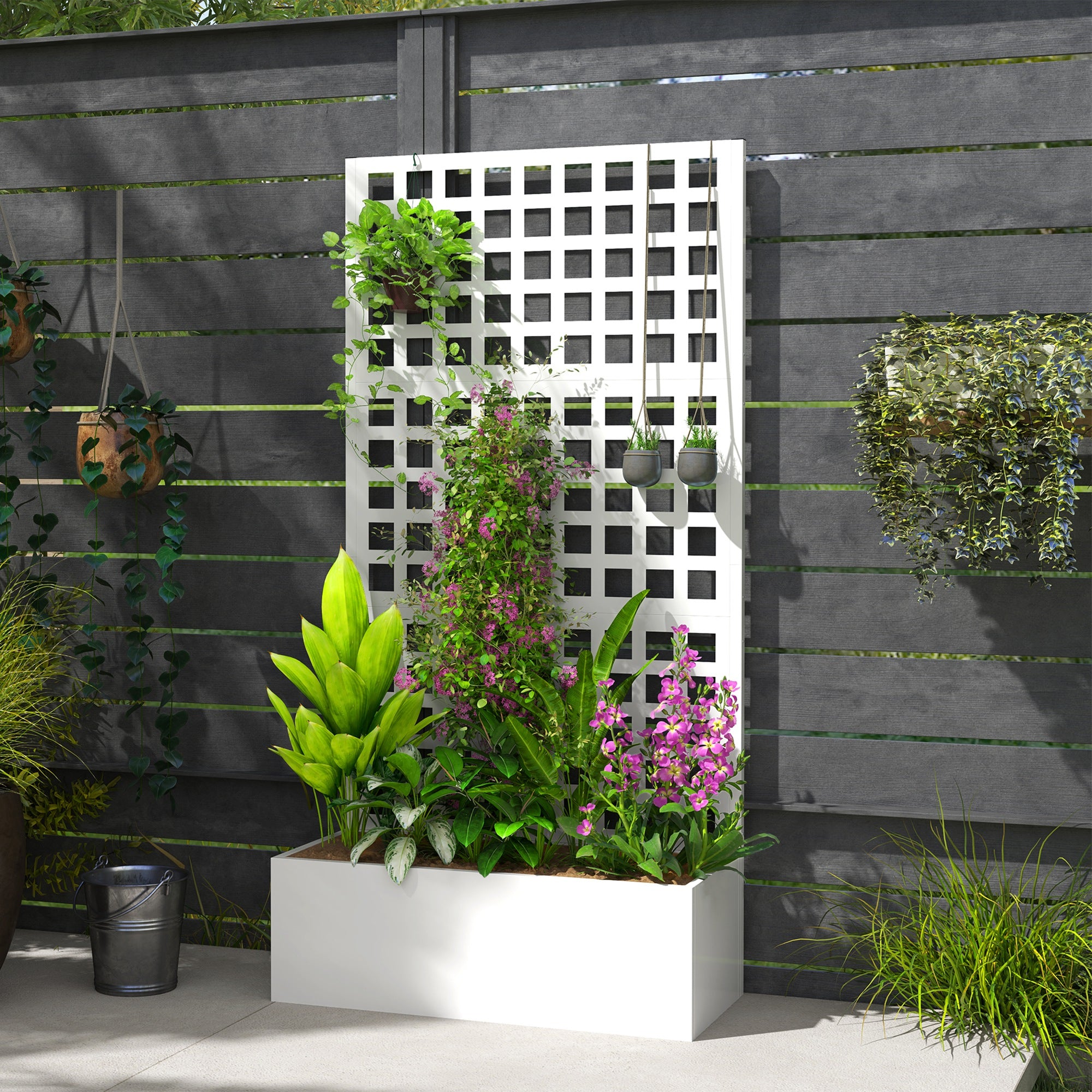 Galvanized Raised Garden Bed Planter Box with Trellis for Climbing Plants, Vegetable, Vines, 35" x 16" x 70", White - White - Image 8