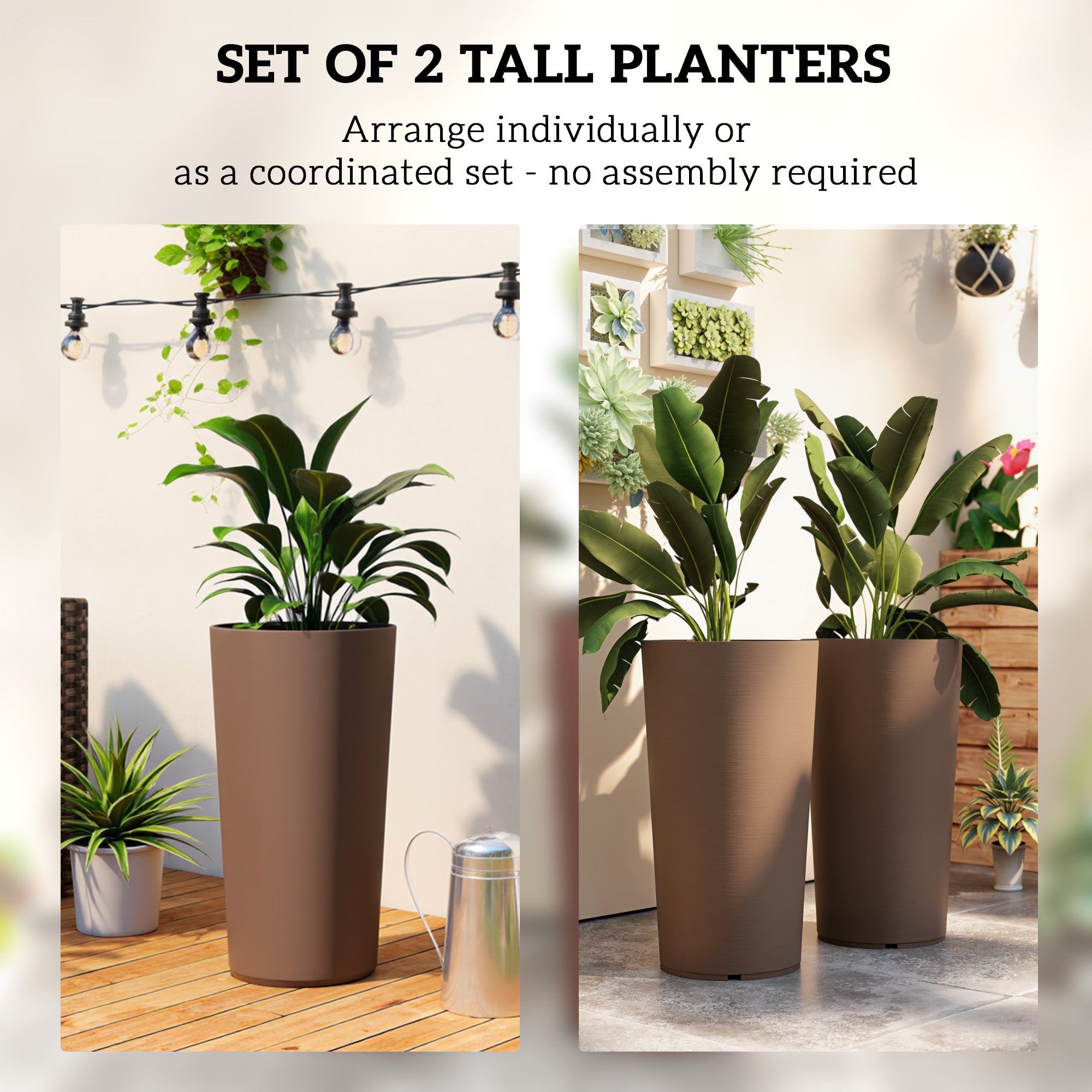 29 Inch Outdoor Planter, Set of 2 Plastic Flower Pots, Weather and UV Resistant Stackable Large Planters, Brown - Brown - Image 4