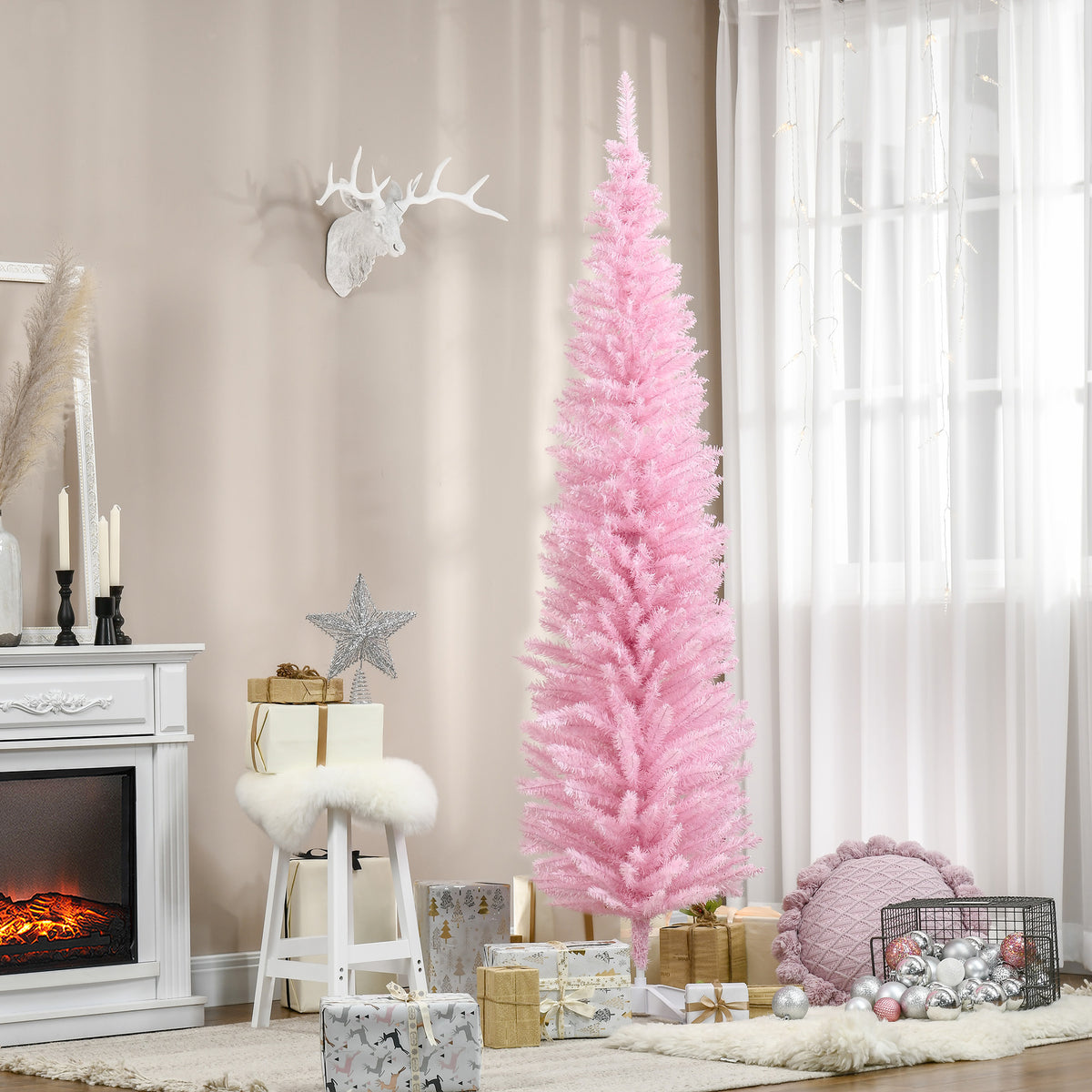 7ft Unlit Pencil Artificial Christmas Tree with Realistic Branches and 499 Tips, Plastic Base, Pink