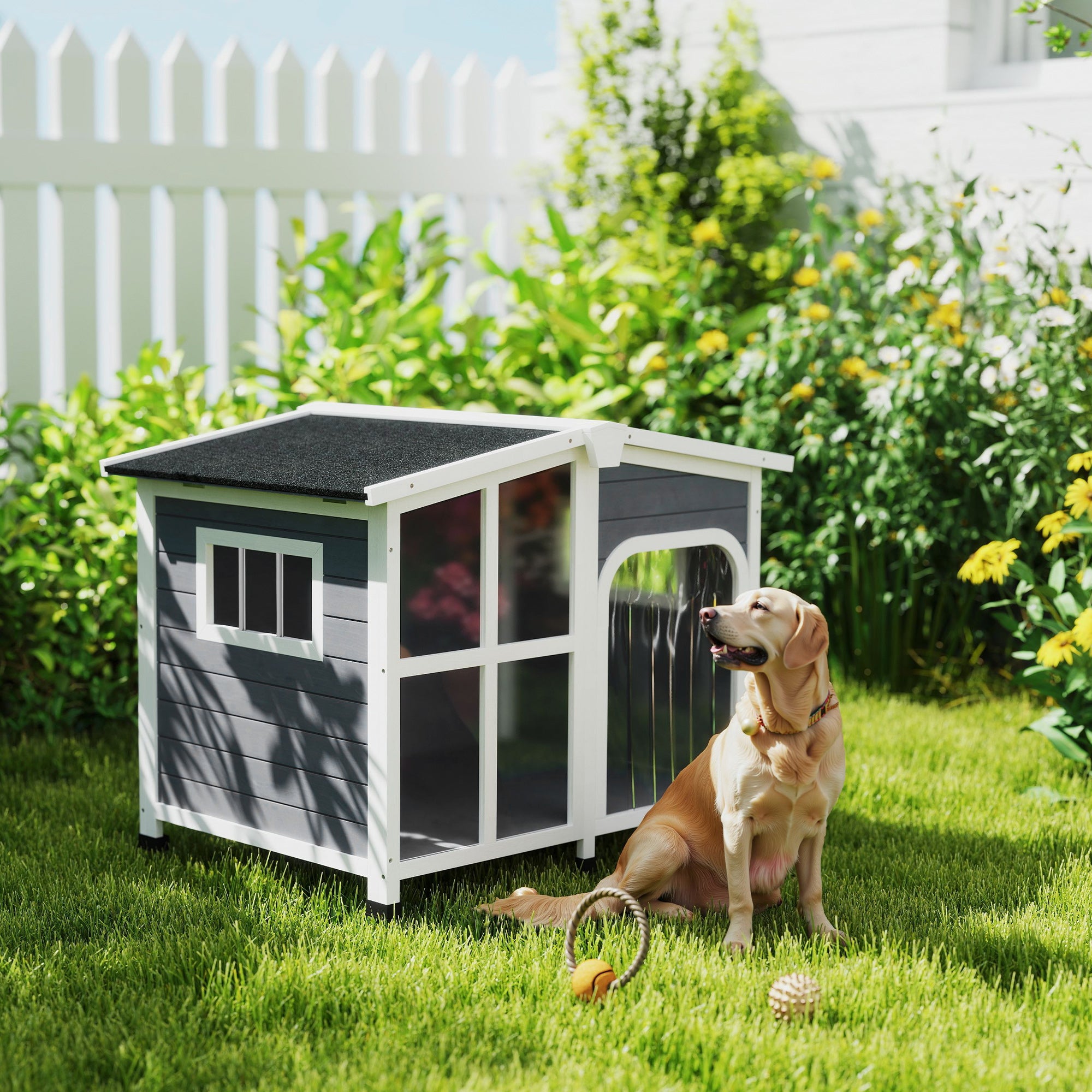 Cabin-Style Wooden Dog House for Large Dogs with Openable Roof & Giant Window, Dark Gray - Dark Gray - Image 2