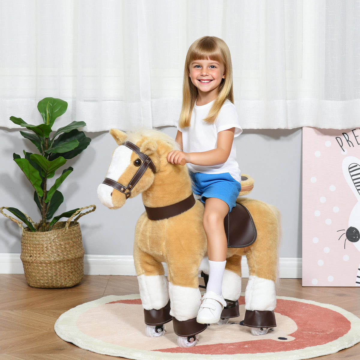 Qaba Ride on Horse, Plush Walking Horse Toy, Kids Riding Chair with Wheels for Kids 3-9 Years, Light Brown