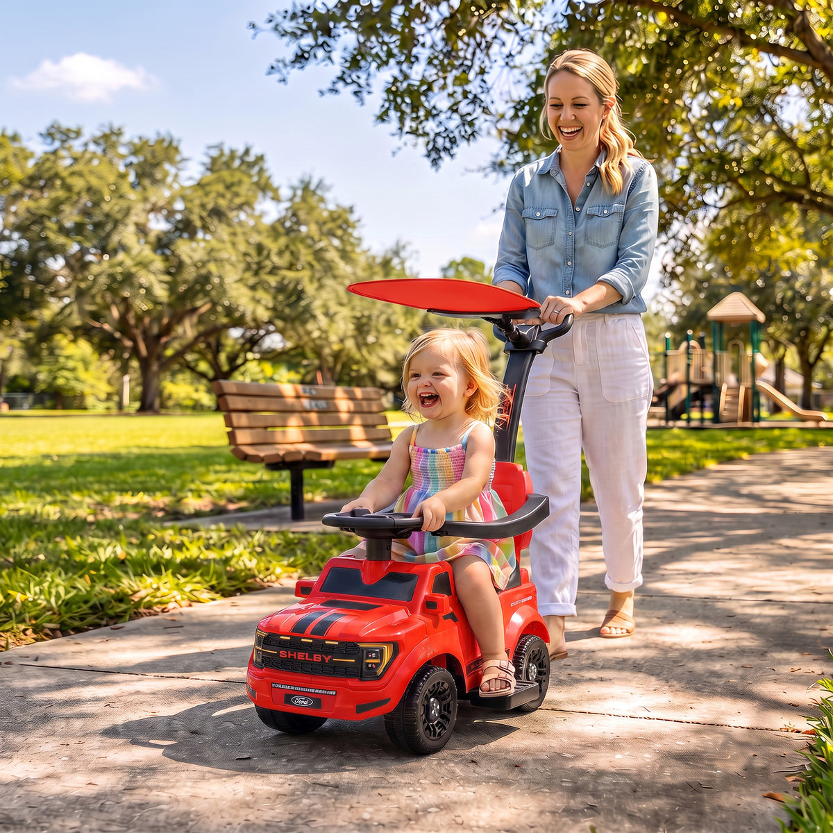 3-in-1 Push Car for 1-3, Licensed Ford Shelby Sliding Walking Car with Parent Handle, Canopy, Guardrail, Storage, Red