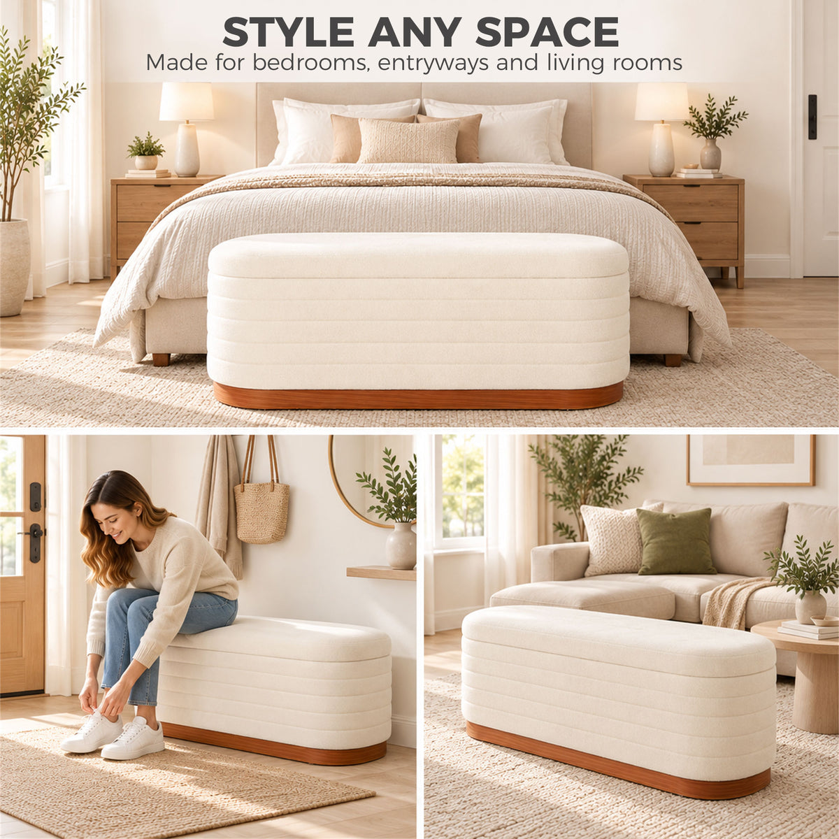 Storage Ottoman Bench Oval Chenille Upholstered Ottoman with Storage Chest, Cream White