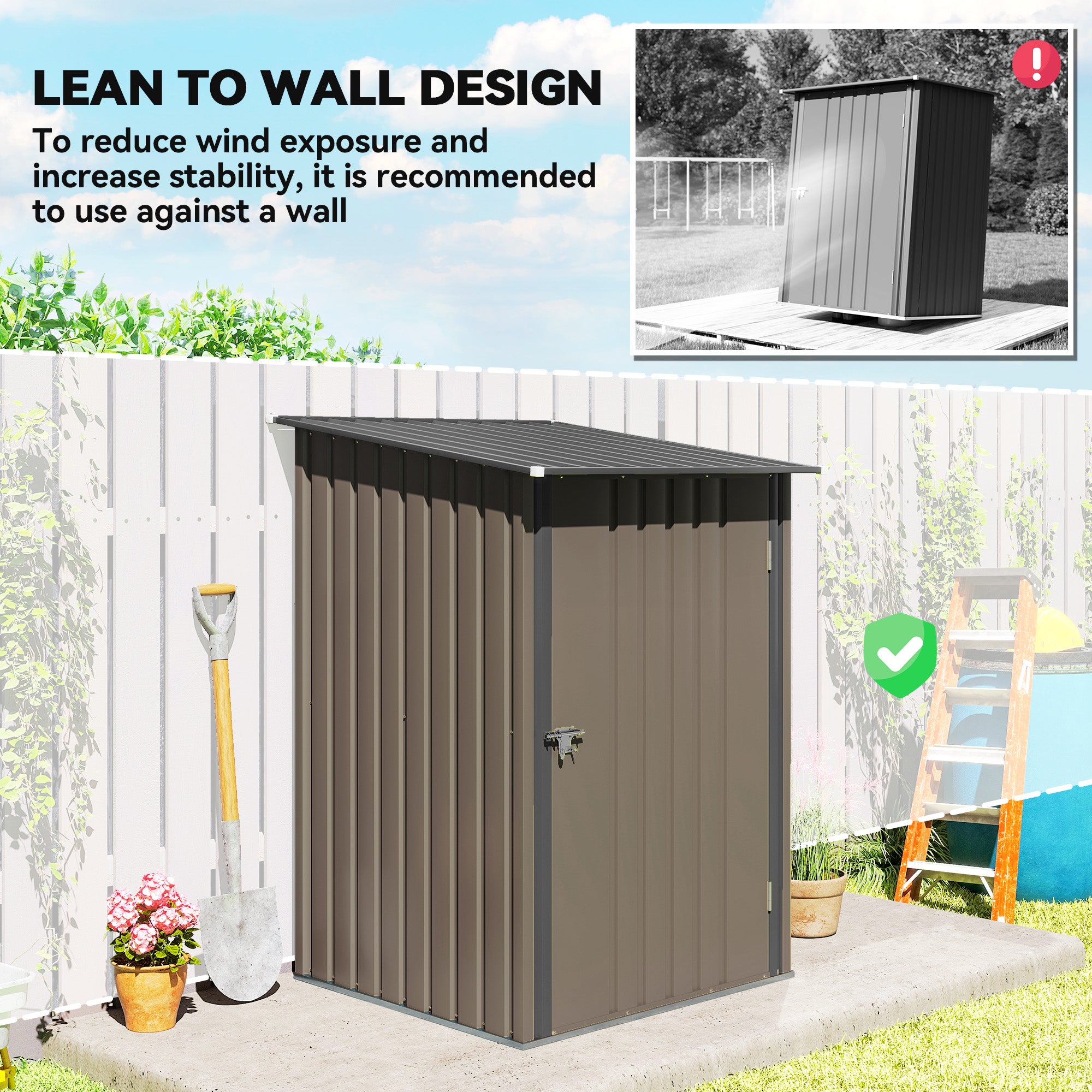 Outdoor 3.3' x 3.4' Lean-to Garden Storage Shed, Galvanized Steel Tool House with Lockable Door for Patio, Brown - Brown - Image 6