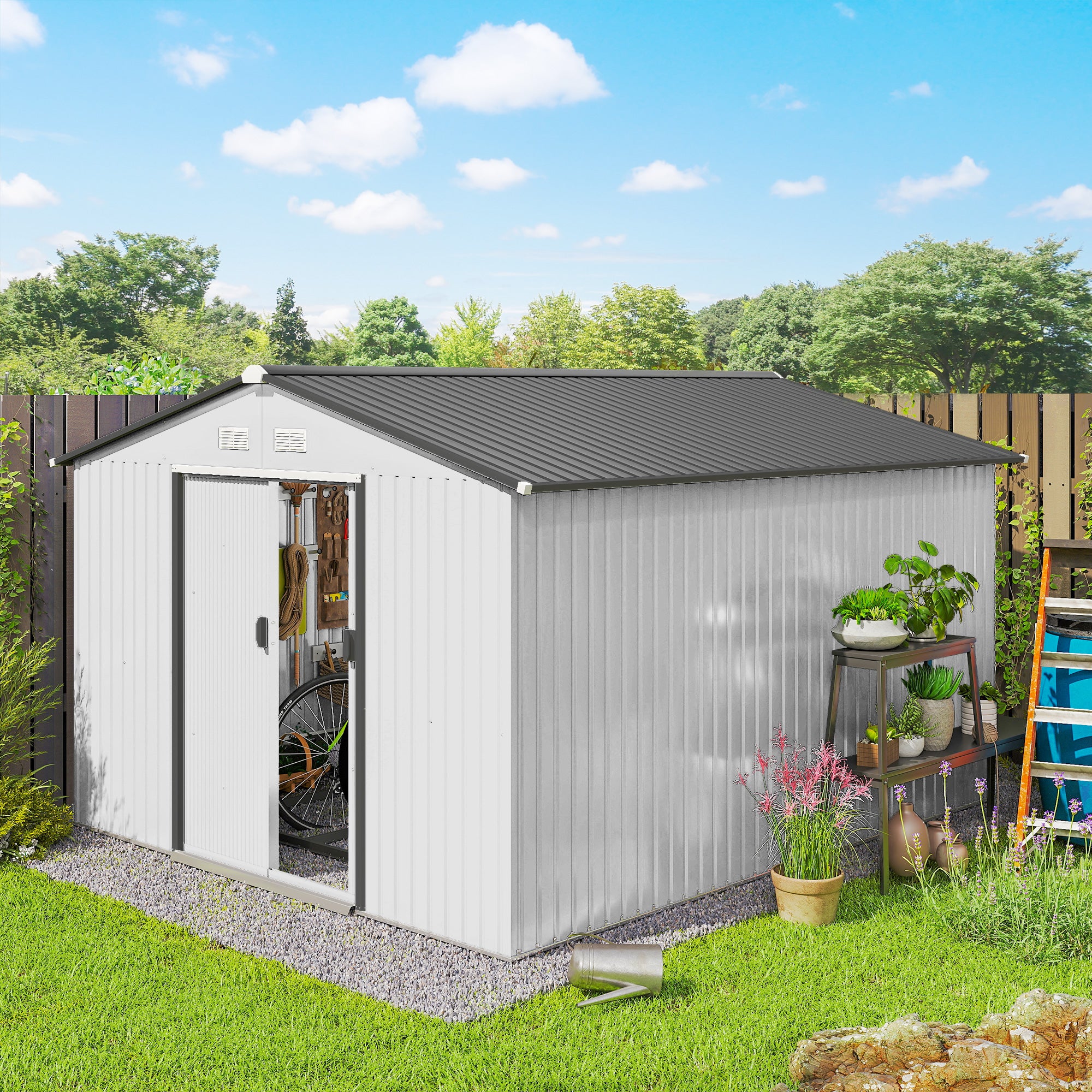 11' x 9' Metal Storage Shed Garden Tool House with Double Sliding Doors, 4 Air Vents for Backyard, Patio, Silver - Silver - Image 2