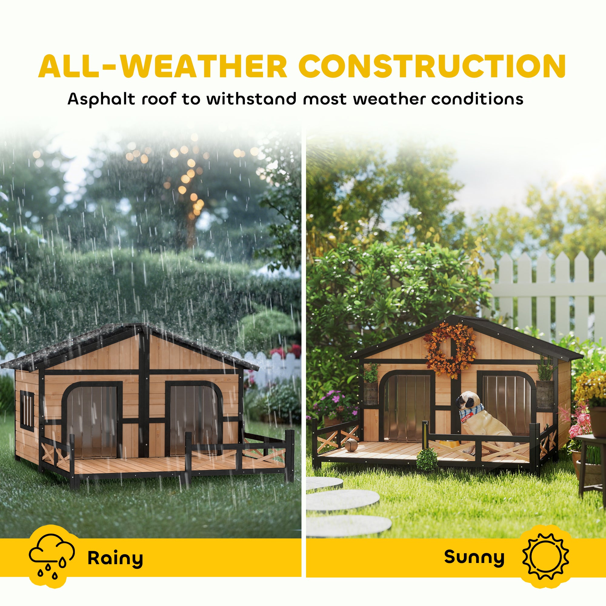 Dog House Outdoor, Wooden Dog Kennel Weatherproof with Porch, Openable Roof, Removable Bottom, Elevated Floor, Double Room for 2 Small to Medium Breeds, Natural - Natural Wood - Image 5