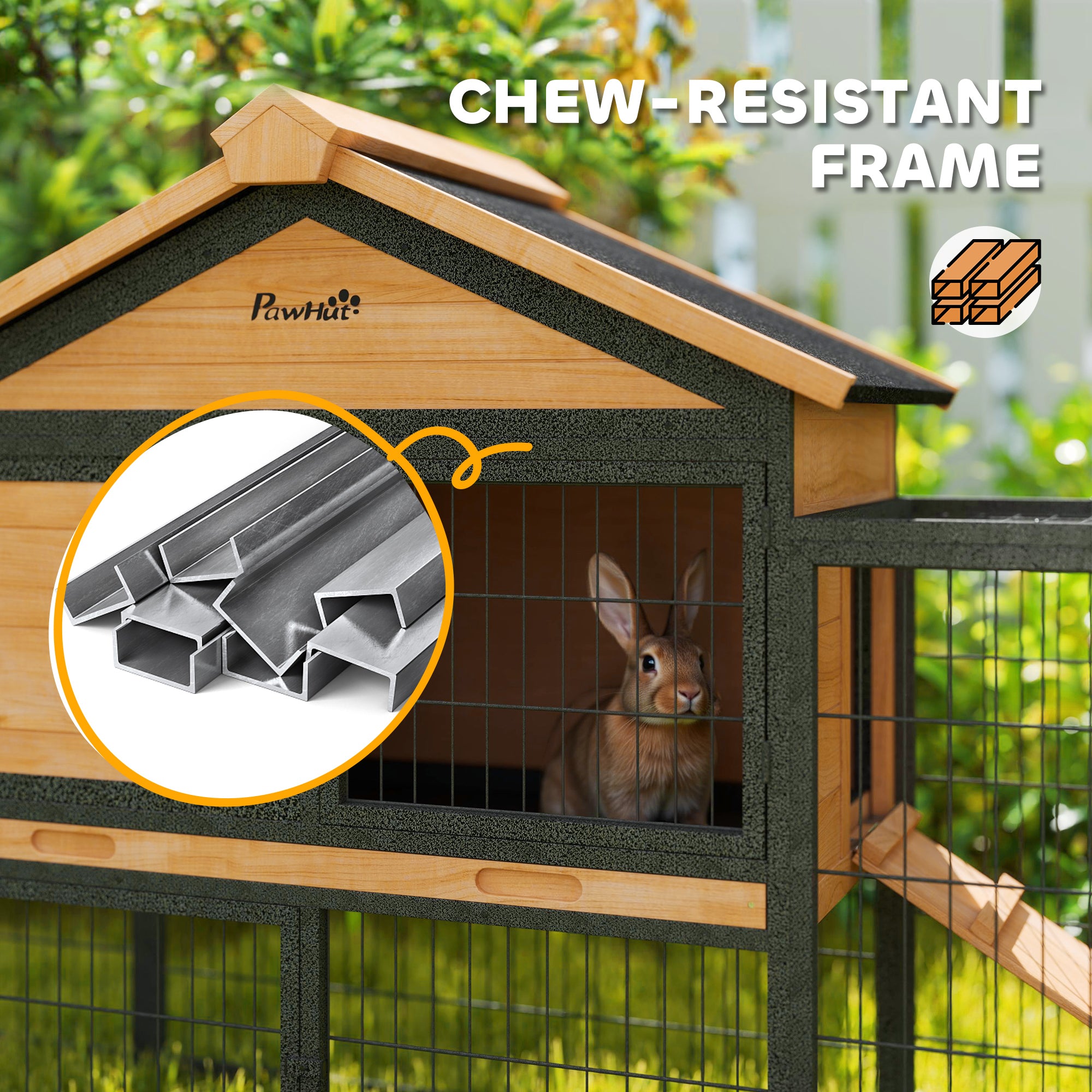 Wooden Rabbit Hutch Outdoor, 85" Large Bunny Cage with Steel Run, Removable Plastic Tray, Asphalt Roof, Ramp - Natural Wood - Image 8