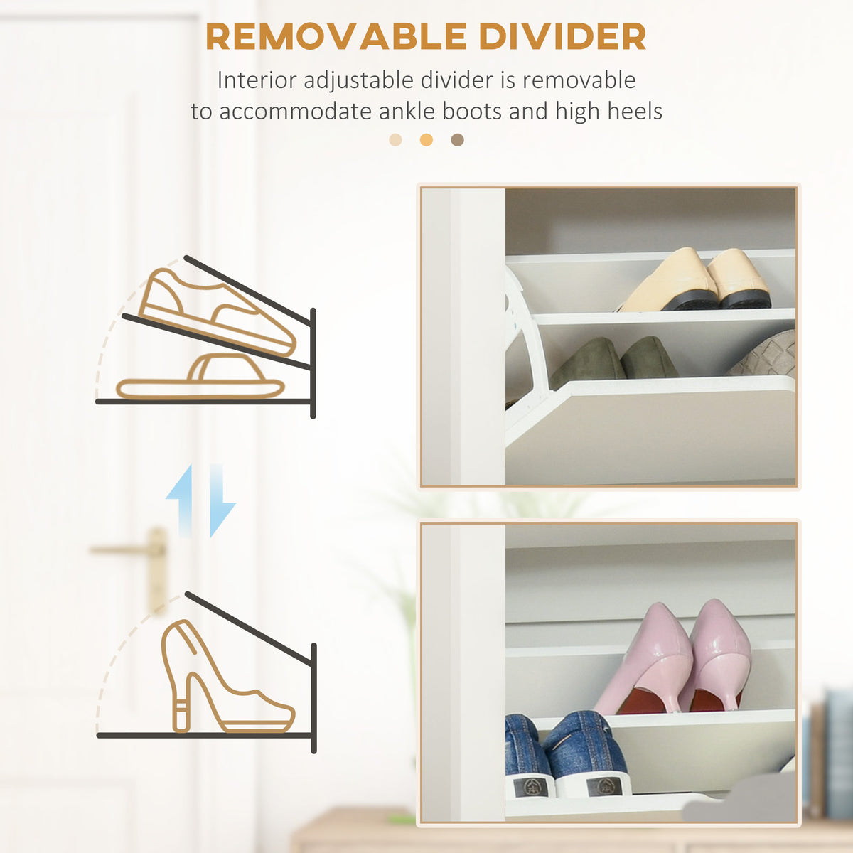Slim Shoe Storage Cabinet, Shoe Cabinet with 2 Flip Drawers and Adjustable Dividers, Natural & White