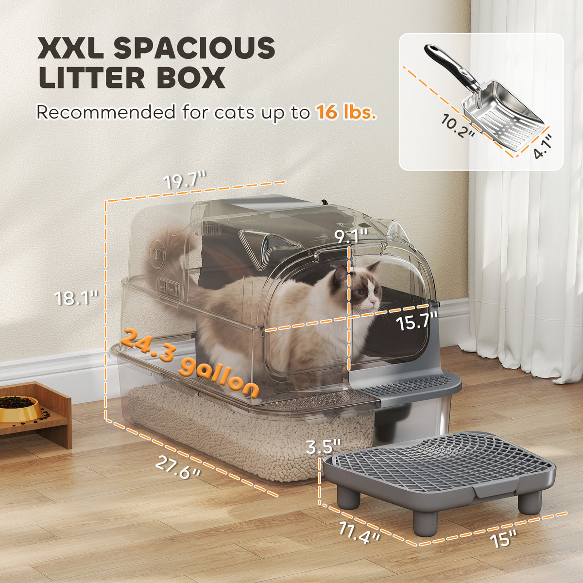 Stainless Steel Cat Litter Box with Flip Lid, XXL Enclosed Litter Box, High Sided, Step, Metal Scoop, 2 Deodorizing Bags