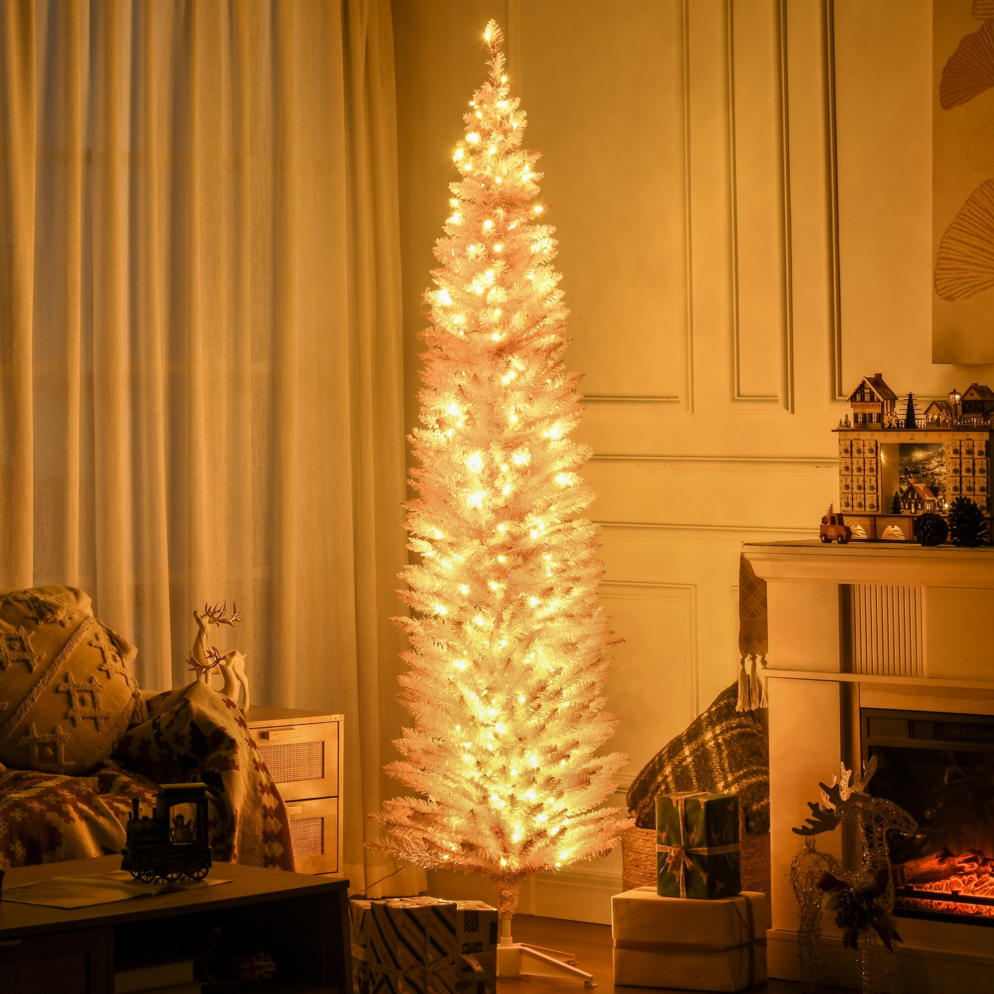 7ft Pencil Christmas Tree, Slim Artificial Christmas Tree with Realistic Branches and Warm White LED Lights, Pink