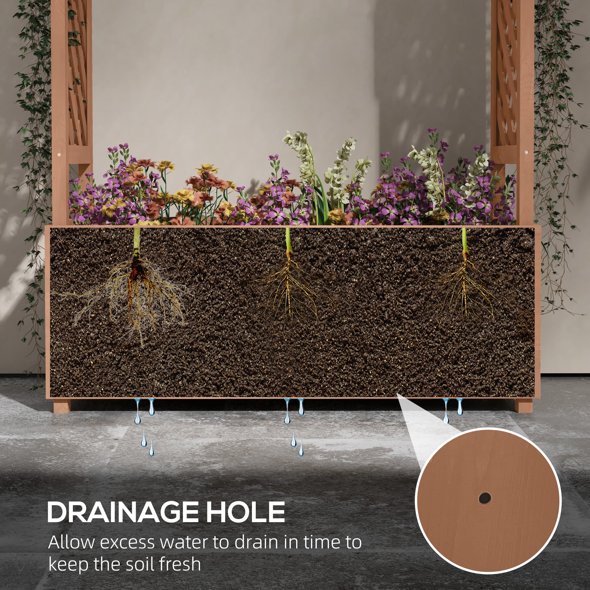 Raised Garden Bed with Trellises and Roof for Climbing Plant Vine, Hanging Flowers, 70.75" Tall Outdoor Wood Planter Box with Drainage & Filter - Brown - Image 5