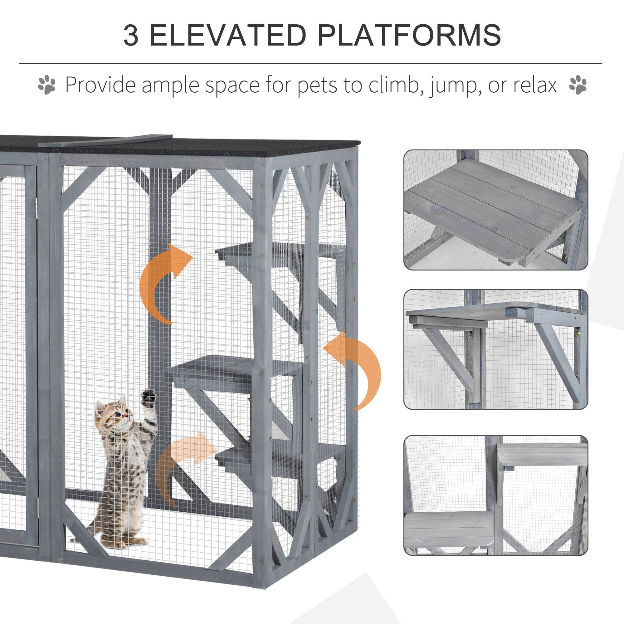 71" x 32" x 44" Large Wooden Outdoor Cat Enclosure Catio Cage With 3 Platforms, Gray - Grey - Image 5
