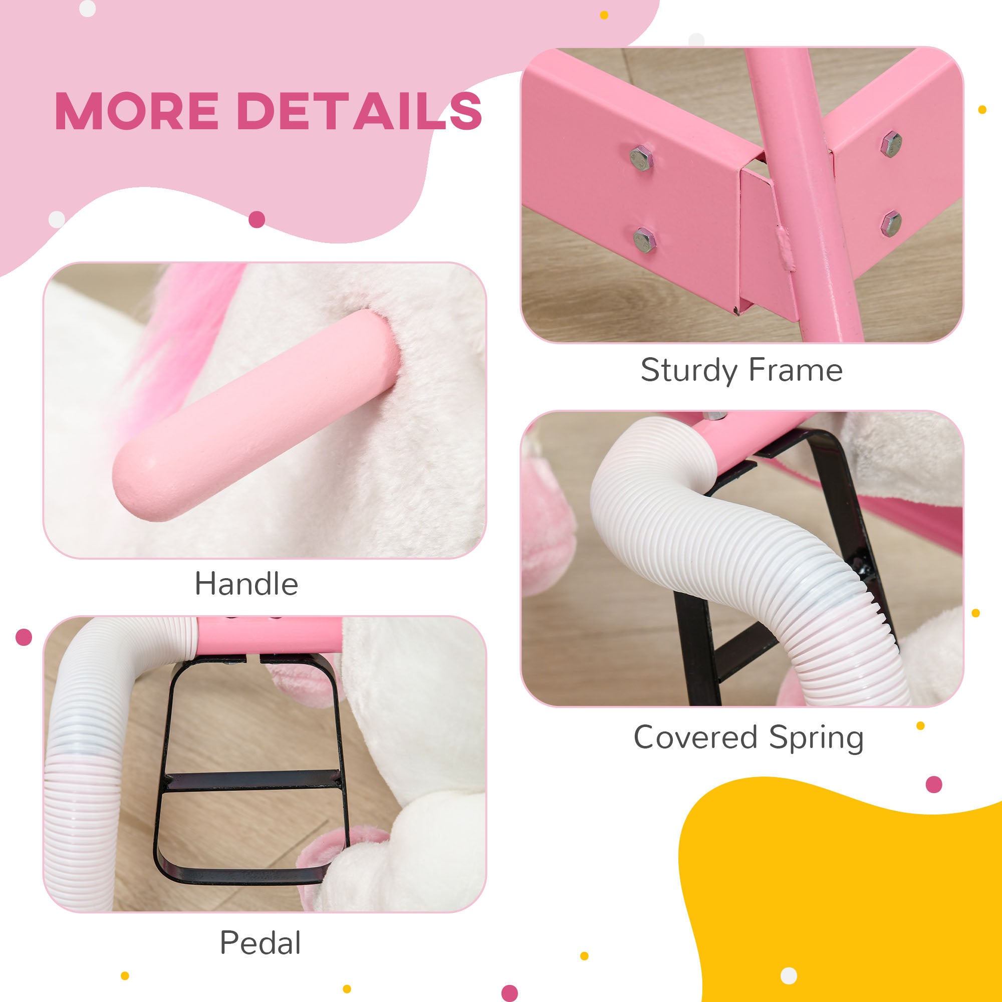 Kids Spring Rocking Horse Unicon, Ride on Horse for Girls and Boys with Sounds, Plush Animal Ride-on Toy with Soft Feel, Interactive Toy for Kids, Pink