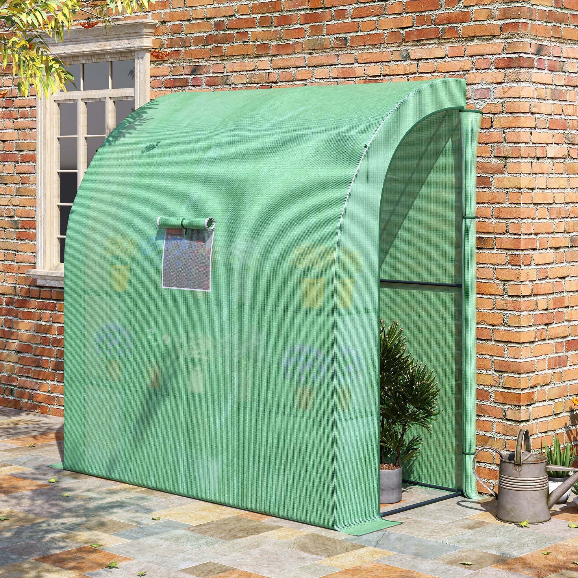 7' x 3' x 7' Lean to Greenhouse, Walk-In Green House, Plant Nursery with 2 Roll-up Doors and Windows, PE Cover and 3 Wire Shelves, Green - Green - Image 2