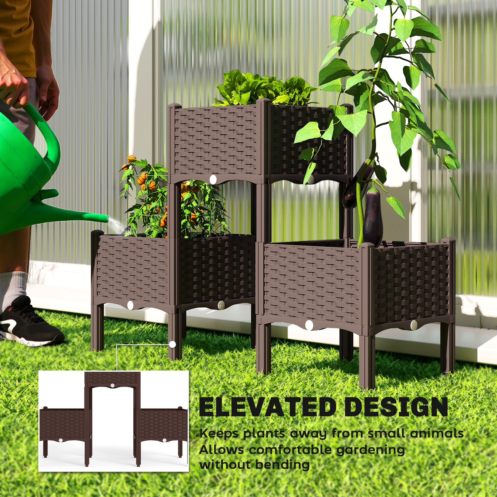 Plastic Raised Garden Bed with Legs, Self Watering Elevated Planter Boxes with Drainage Holes and Plugs, Easy Assembly - Brown - Image 6