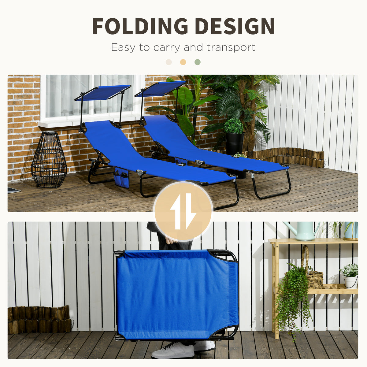 Pool Chaise Lounge Chairs Set of 2, Folding Lounge Chairs with Sunshade, Reclining Back, Steel Frame, Blue