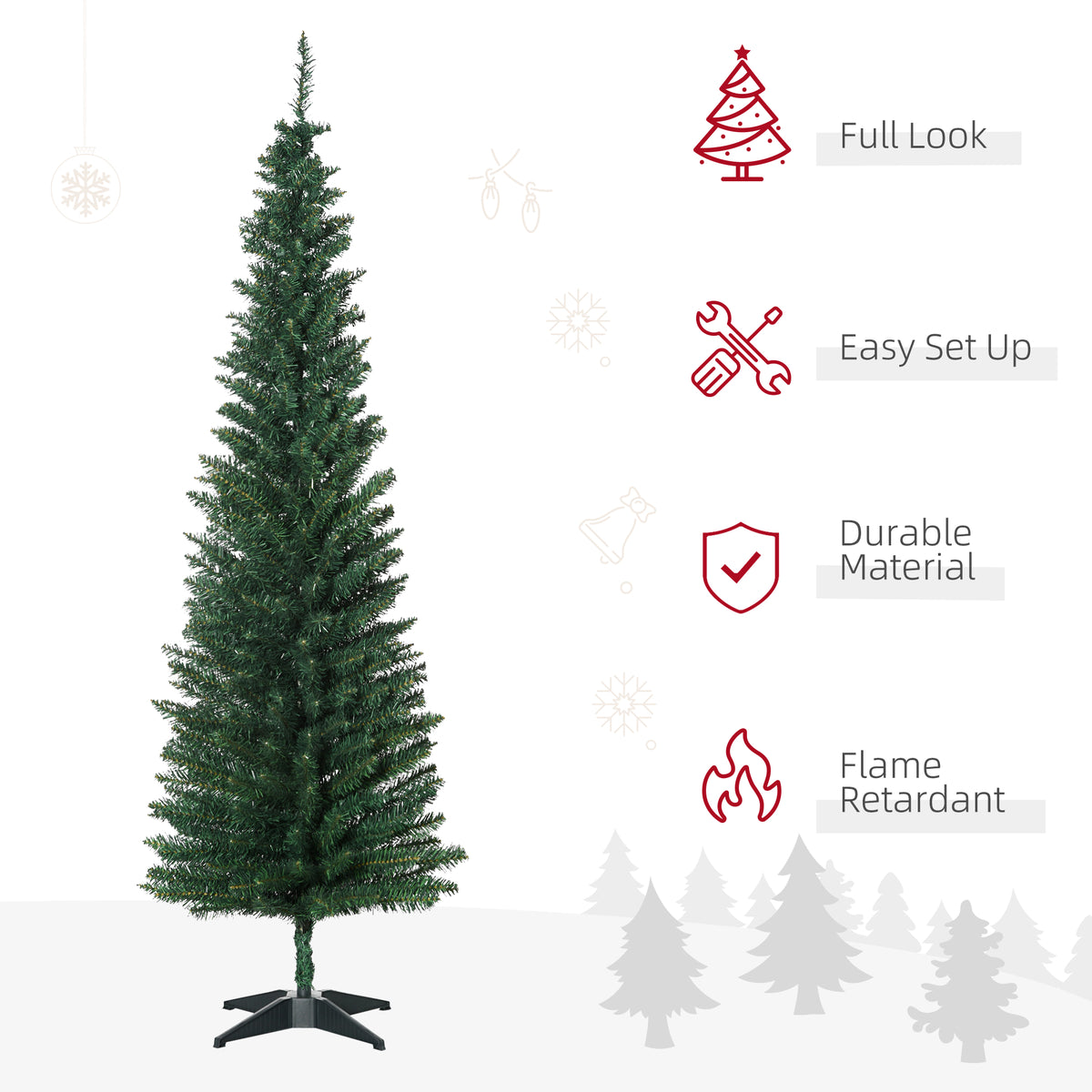 6' Artificial Pencil Christmas Tree, Slim Xmas Tree with 390 Realistic Branch Tips and Plastic Stand, Green