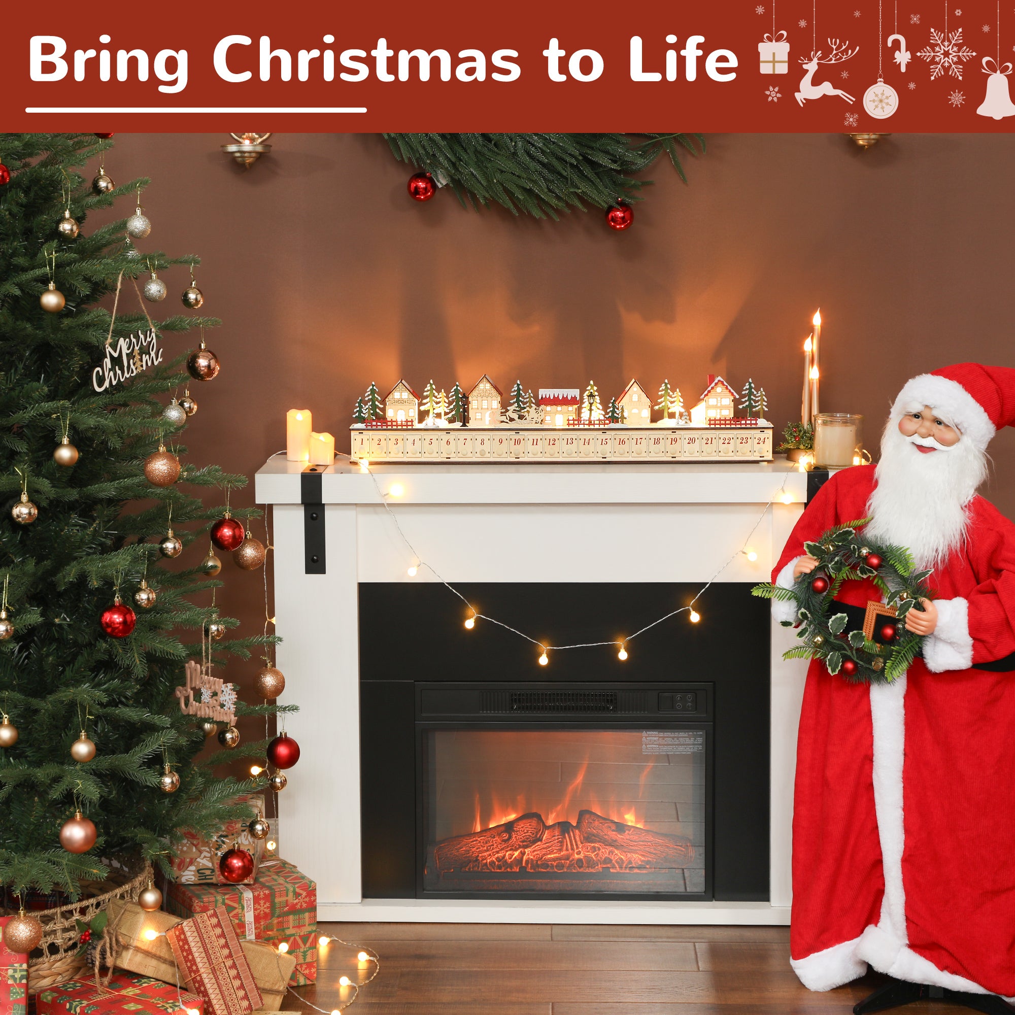 Christmas Advent Calendar with 24 Countdown Drawers and LED Lights, Wood-Effect Advent Calendar, Battery Operated