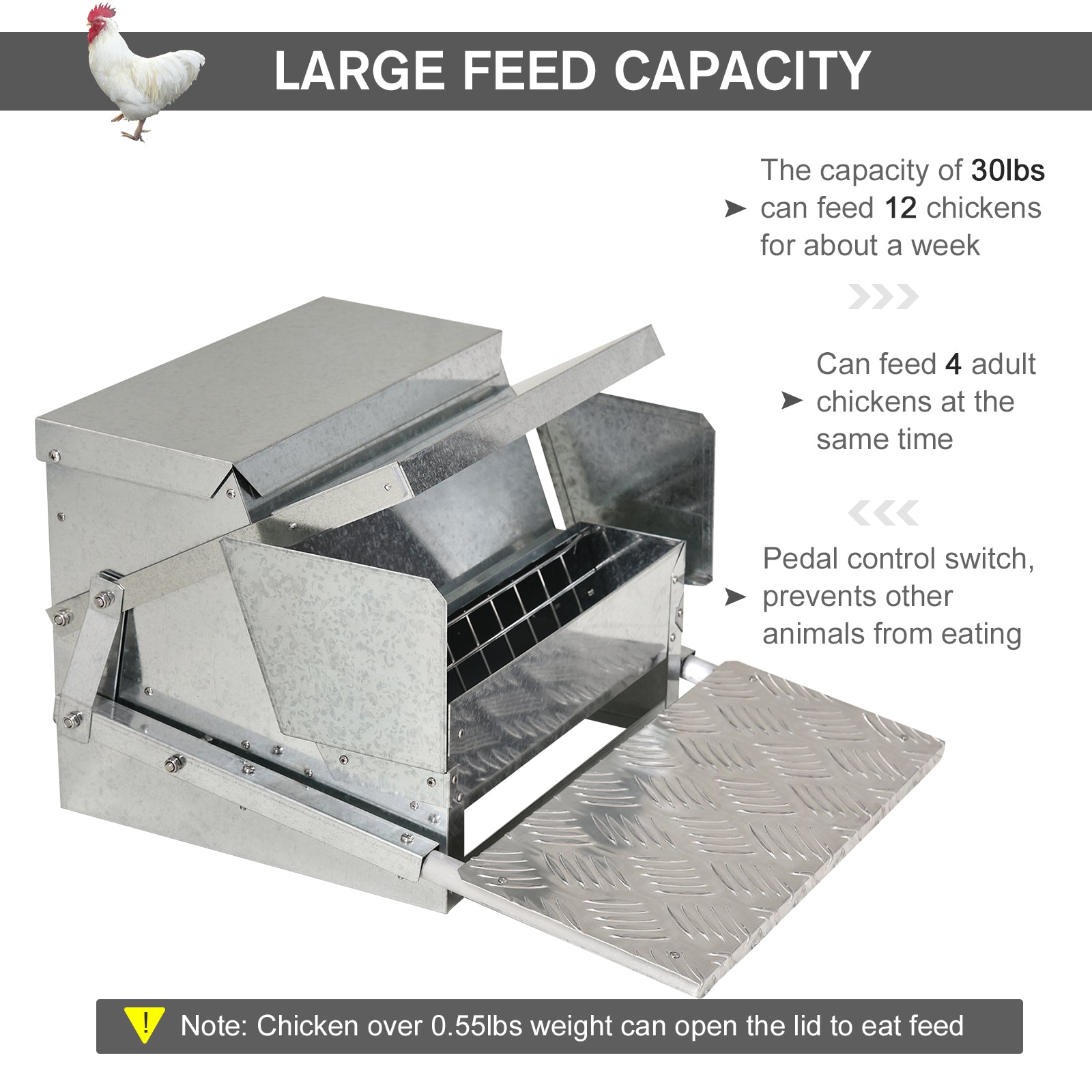 25 lbs Capacity Automatic Chicken Poultry Feeder with a Galvanized Steel and Aluminium Build, Weatherproof Design - Silver - Image 4