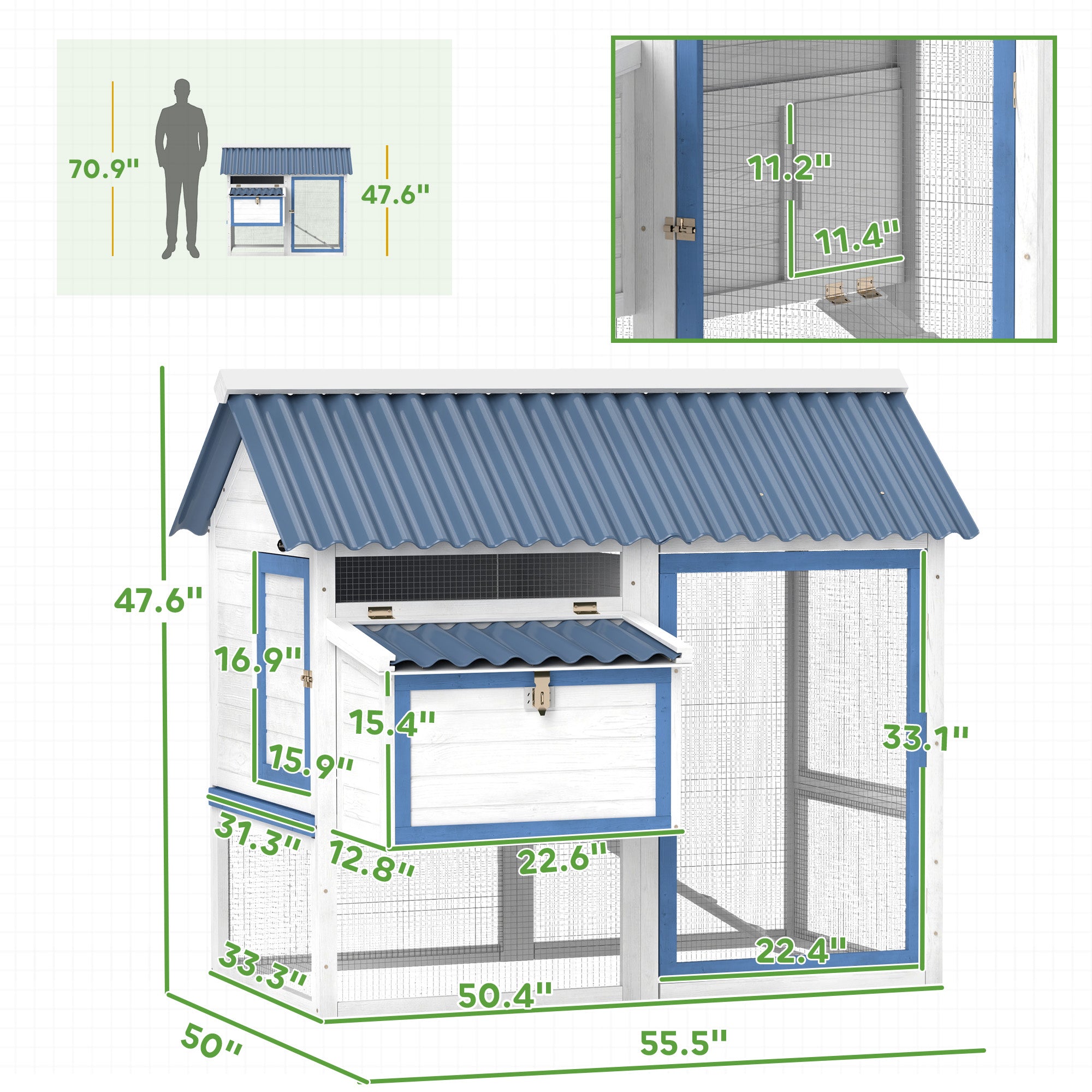 55.5" Wooden Chicken Coop with Run Box, Nesting Box, Removable Tray, Ramp, Outdoor Backyard for 2-3 Chickens, White - White - Image 3