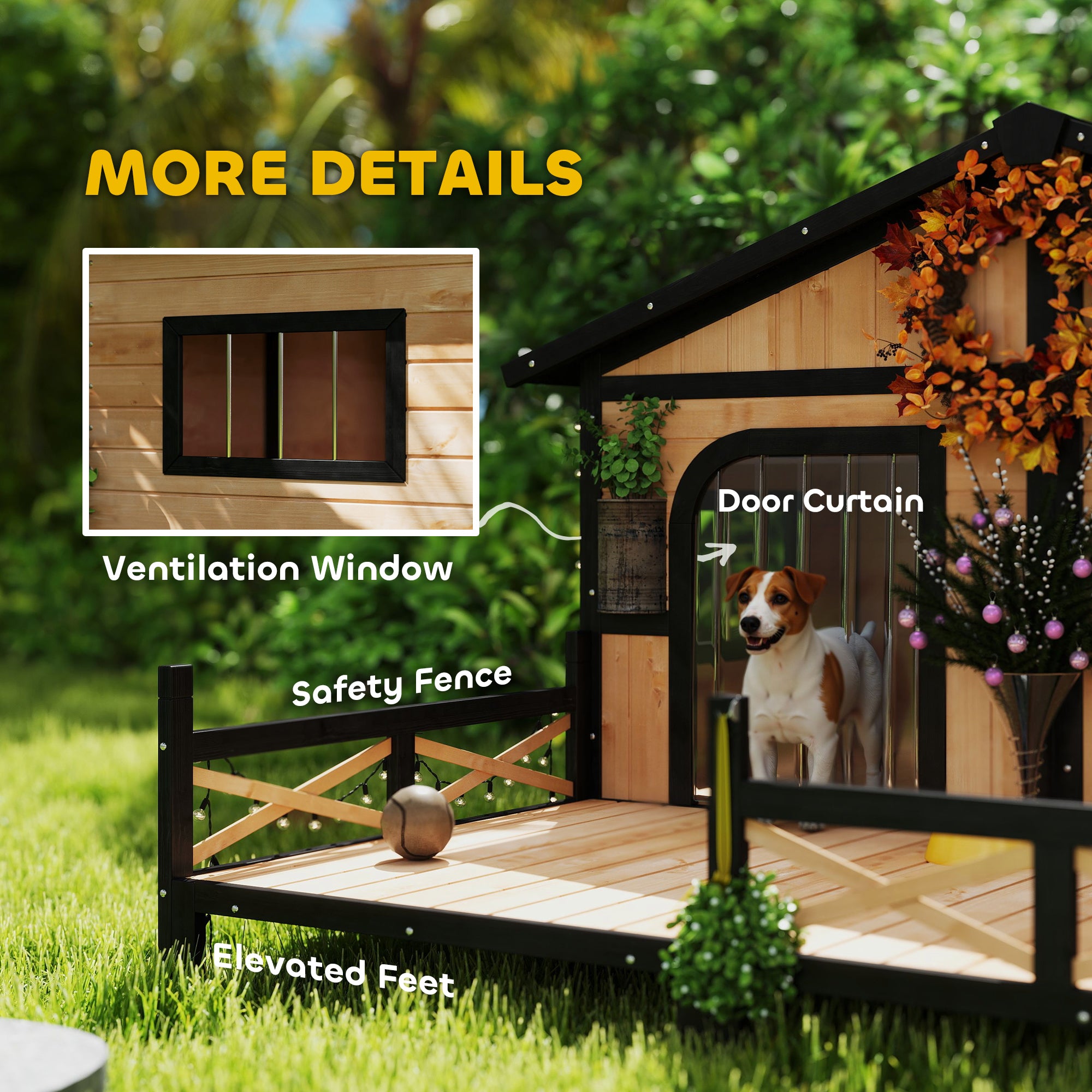 Dog House Outdoor, Wooden Dog Kennel Weatherproof with Porch, Openable Roof, Removable Bottom, Elevated Floor, Double Room for 2 Small to Medium Breeds, Natural - Natural Wood - Image 7