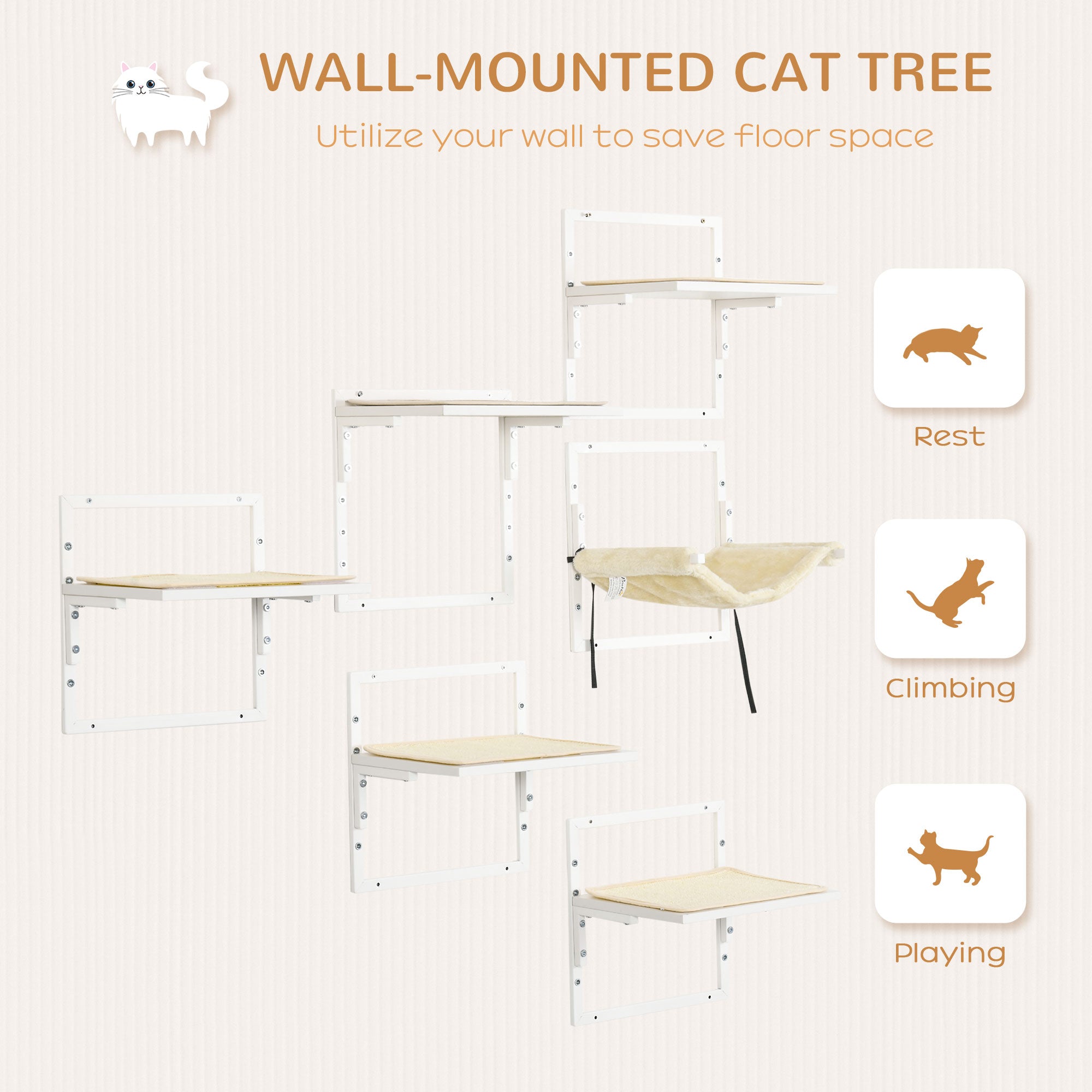 Cat Shelves for Indoor Cats, 6Pc Modern Cat Wall Furniture with Adjustable Height Jumping Platforms & Hammock, Cream White - Cream White - Image 4