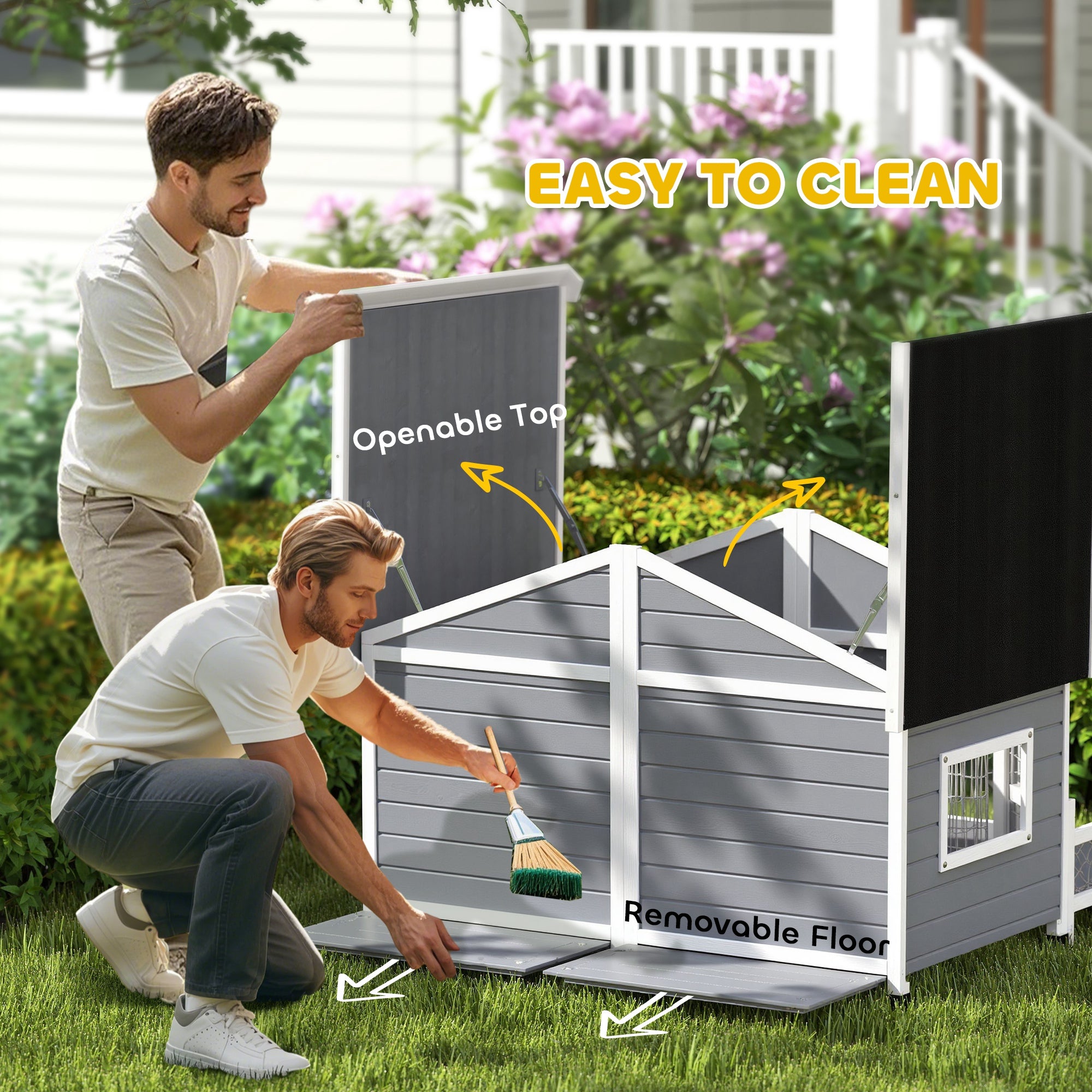 Dog House Outdoor, Wooden Dog Kennel Weatherproof with Porch, Openable Roof, Removable Bottom, Elevated Floor, Double Room for 2 Small to Medium Breeds, Gray - Grey - Image 6