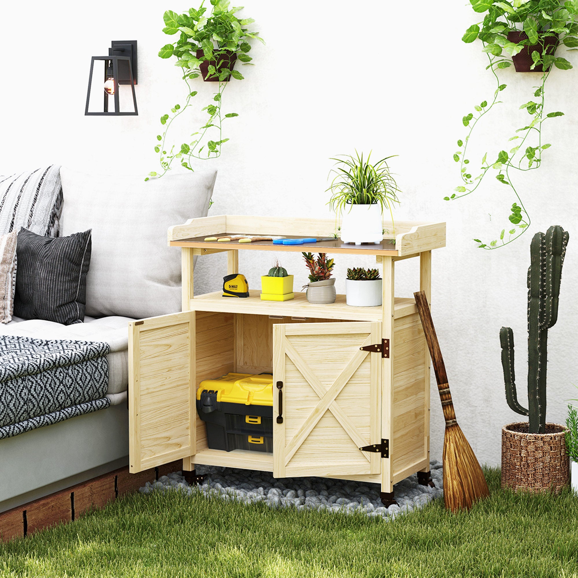 Outdoor Wooden Potting Bench with Storage Cabinet, Aluminum Tabletop, Rubber Wheels for Backyard, Patio, Natural Wood - Natural Wood - Image 2