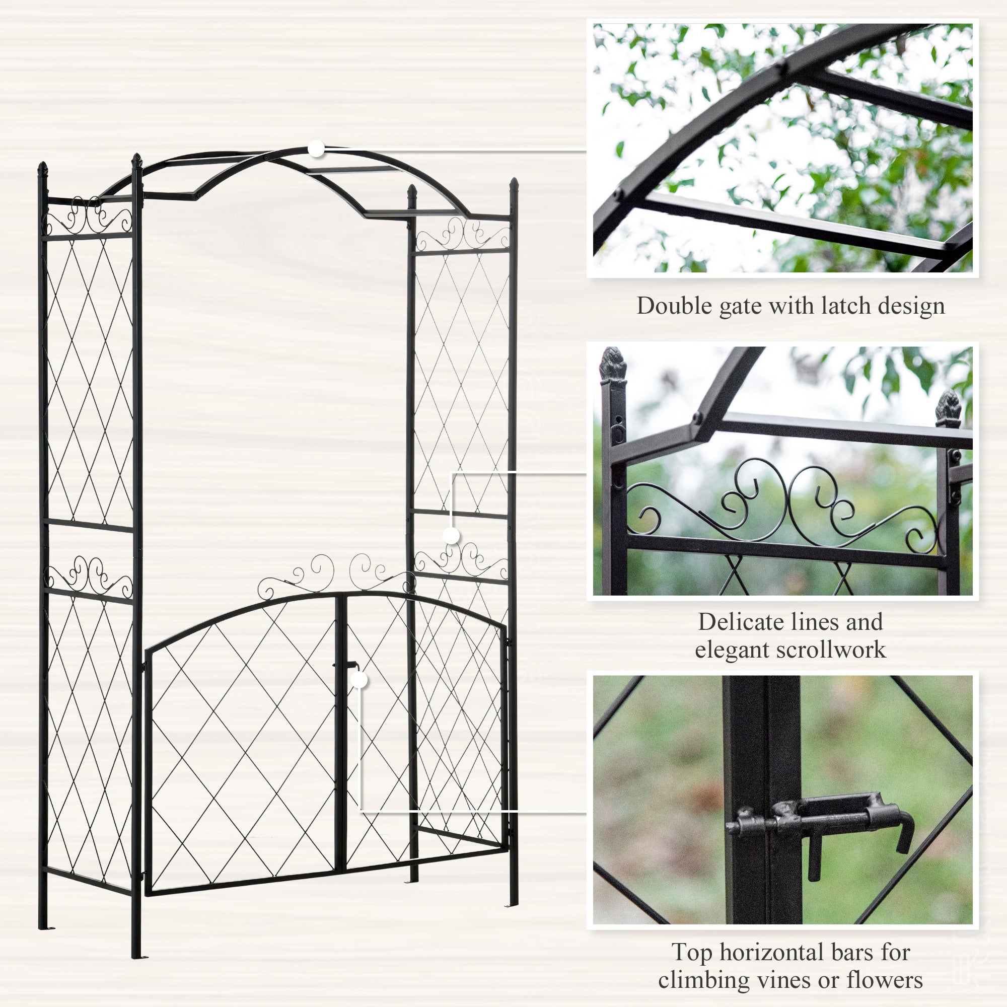85" Garden Arch Arbor, Metal Arch Trellis with Gate, Garden Archway for Climbing Vines, Wedding Ceremony Decoration, Black - Black - Image 6