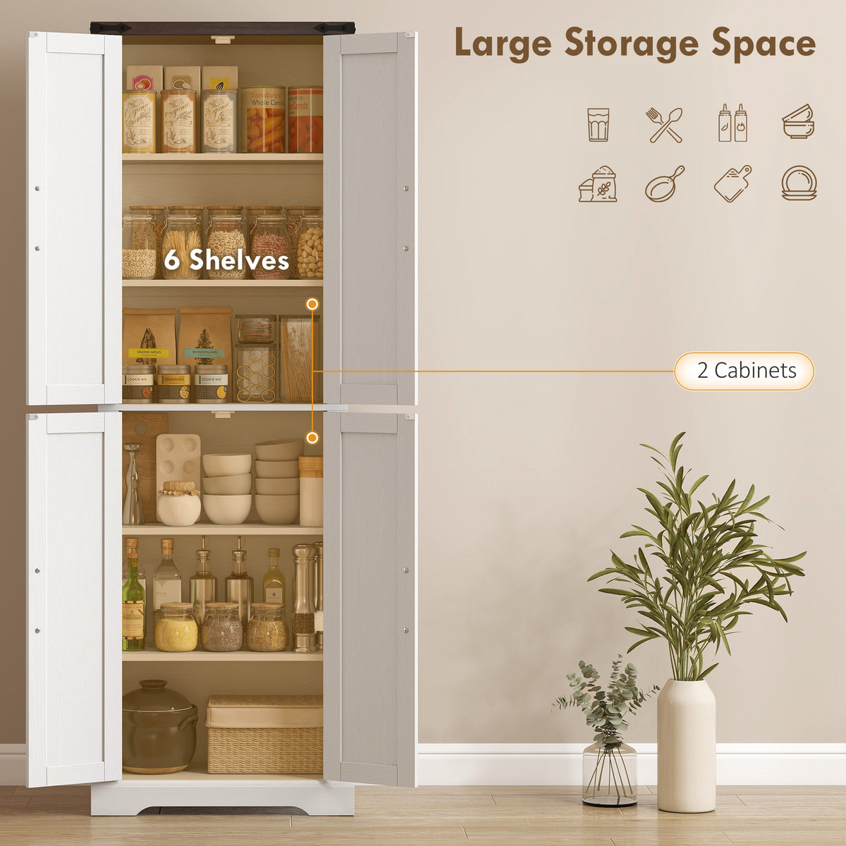 72" Tall Pantry Cabinet, Farmhouse Freestanding Kitchen Storage Cabinet with Adjustable Shelves for Dining Room, White