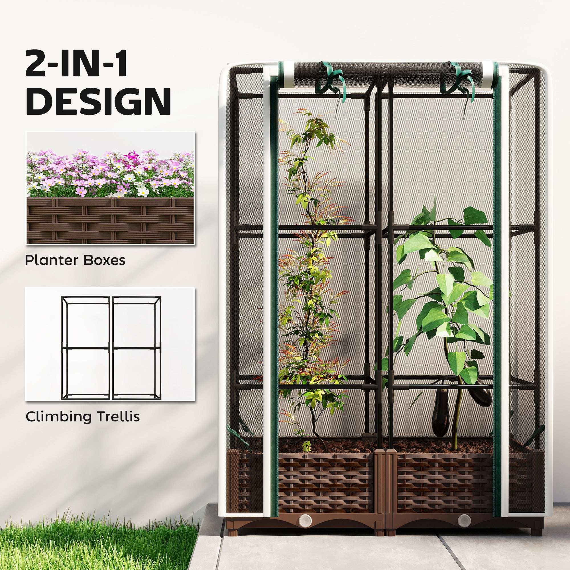 Raised Garden Bed with Trellis, 46.5" Tomato Cage with Crop Cage, Self Watering Planter Box with Drainage Holes, White - White - Image 4
