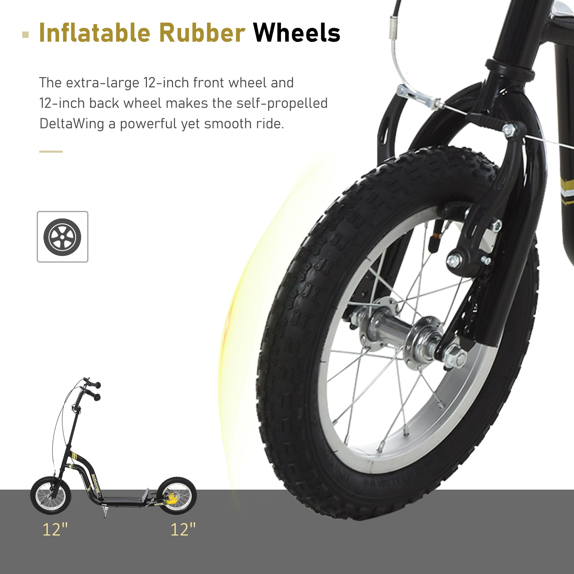 Youth Scooter Front and Rear Caliper Dual Brakes 12-Inch Inflatable Front Wheel Ride On Toy For Age 5+ - Black