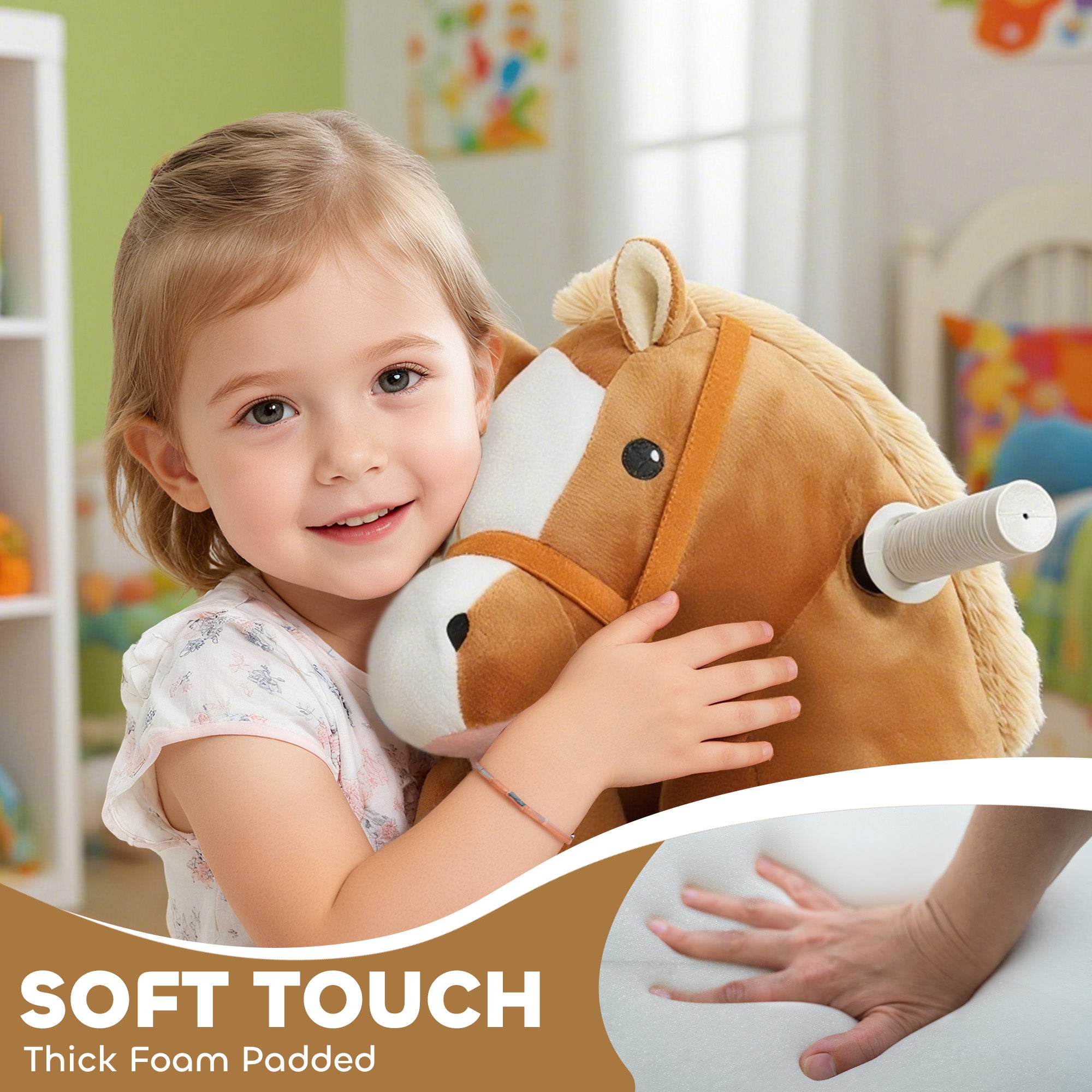 6V Battery Powered Ride on Horse with Music, Forward, Foot Pedal, Soft Touch, Washable Cover, for 1.5-5 Years Old