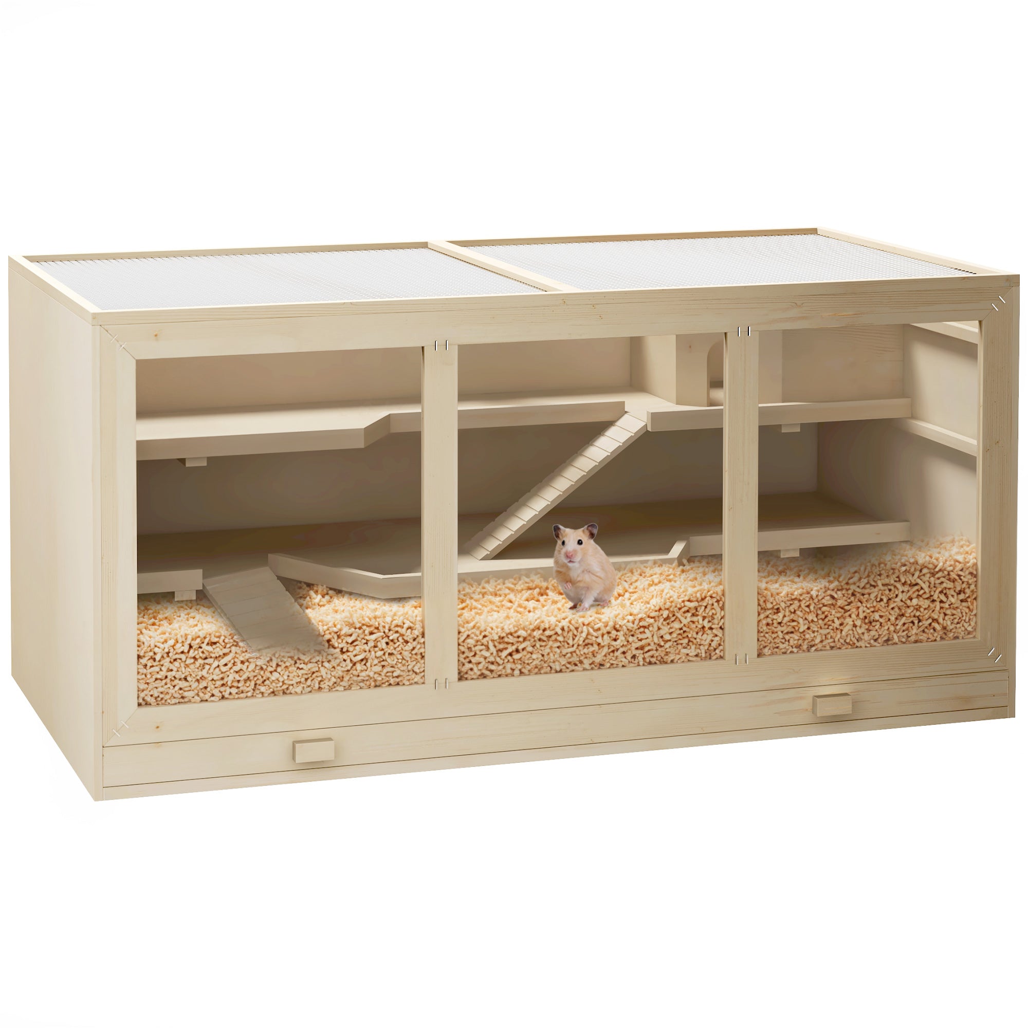 45" Extra Large Wooden Hamster Cage, 3-Layer Rat Cage with Opening Roof, PVC Window, Small Animal Habitat for Gerbil, Dwarf & Syrian Hamsters, Natural - natural