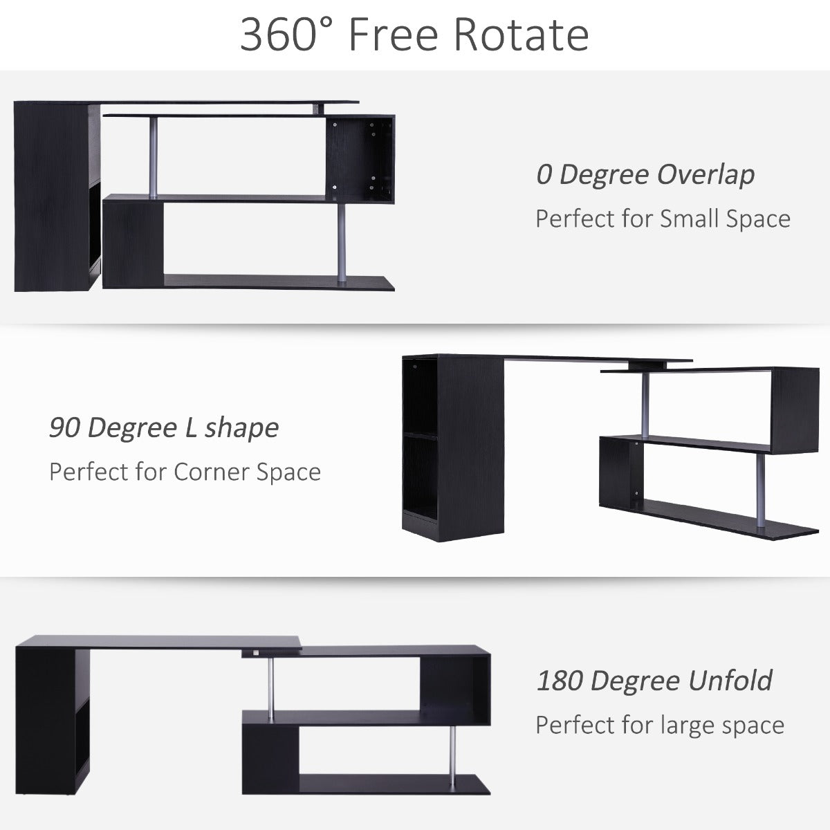 55" 360° Rotating Corner Computer Desk Modern L-Shaped Home Office Workstation with 3-Tier Storage Shelves, Bookshelf, Black