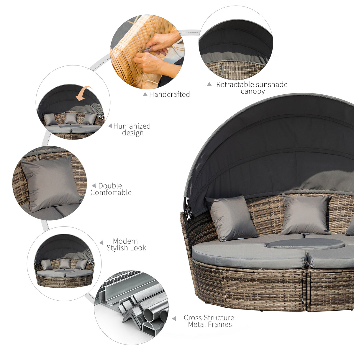 4-Piece Round Convertible Daybed with Cushions, Outdoor PE Rattan Patio Wicker Sofa Set, Dark Gray
